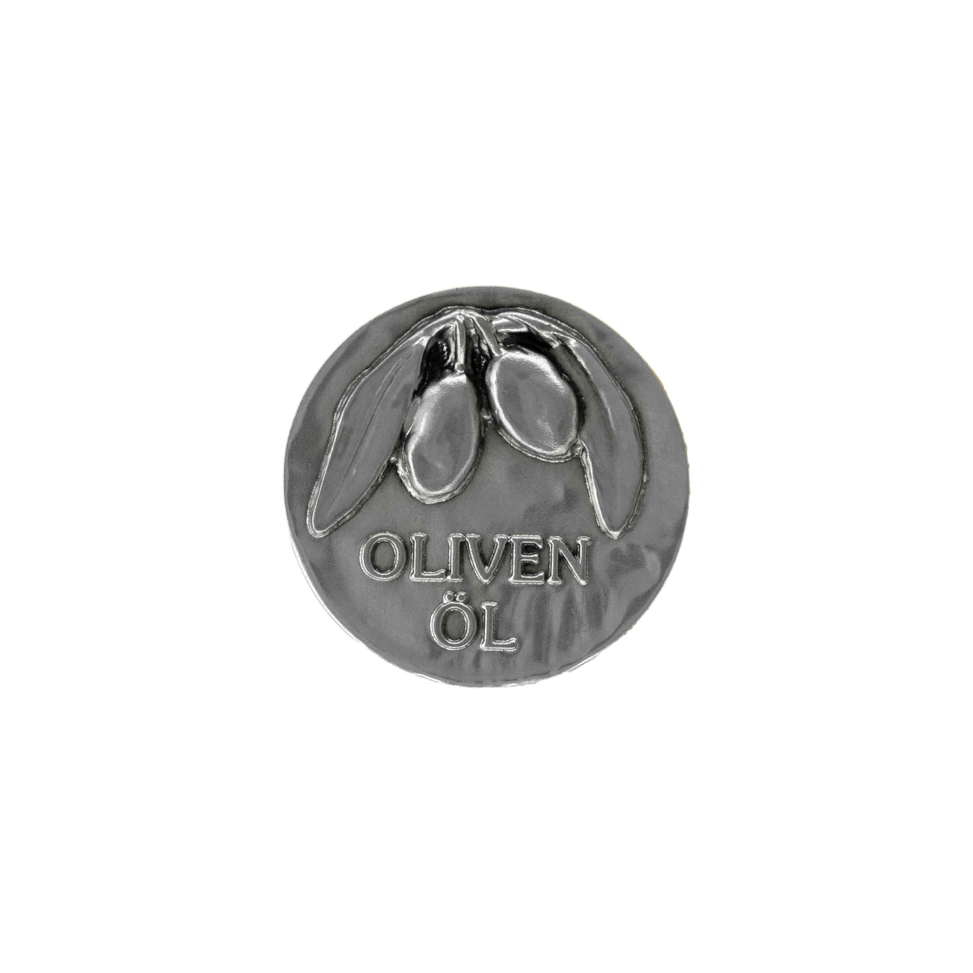 Tinnetikett 'Olivenolje', metall, sølvfarget Tinnetikett 'Olivenolje', metall, sølvfarget