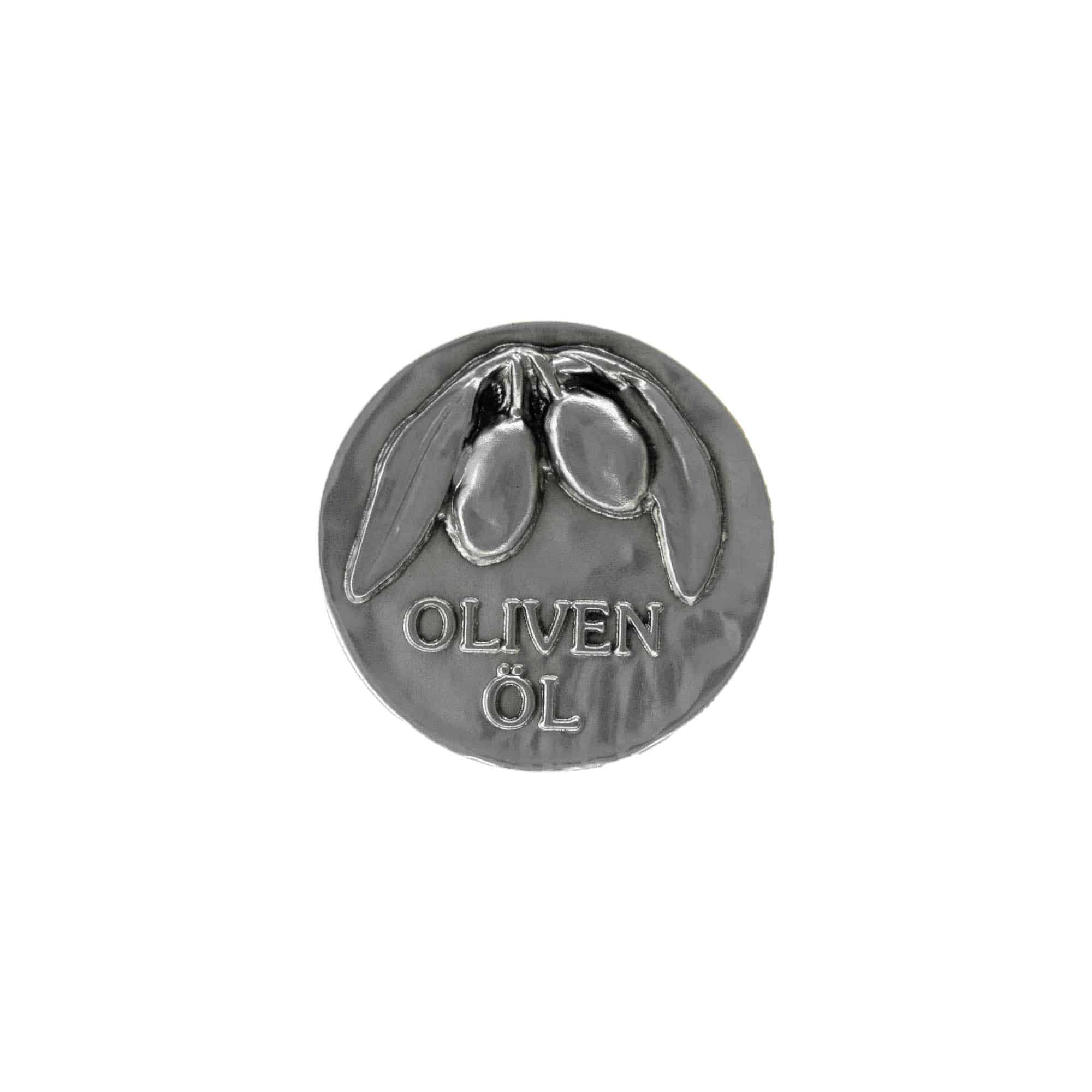 Tinnetikett 'Olivenolje', metall, sølvfarget