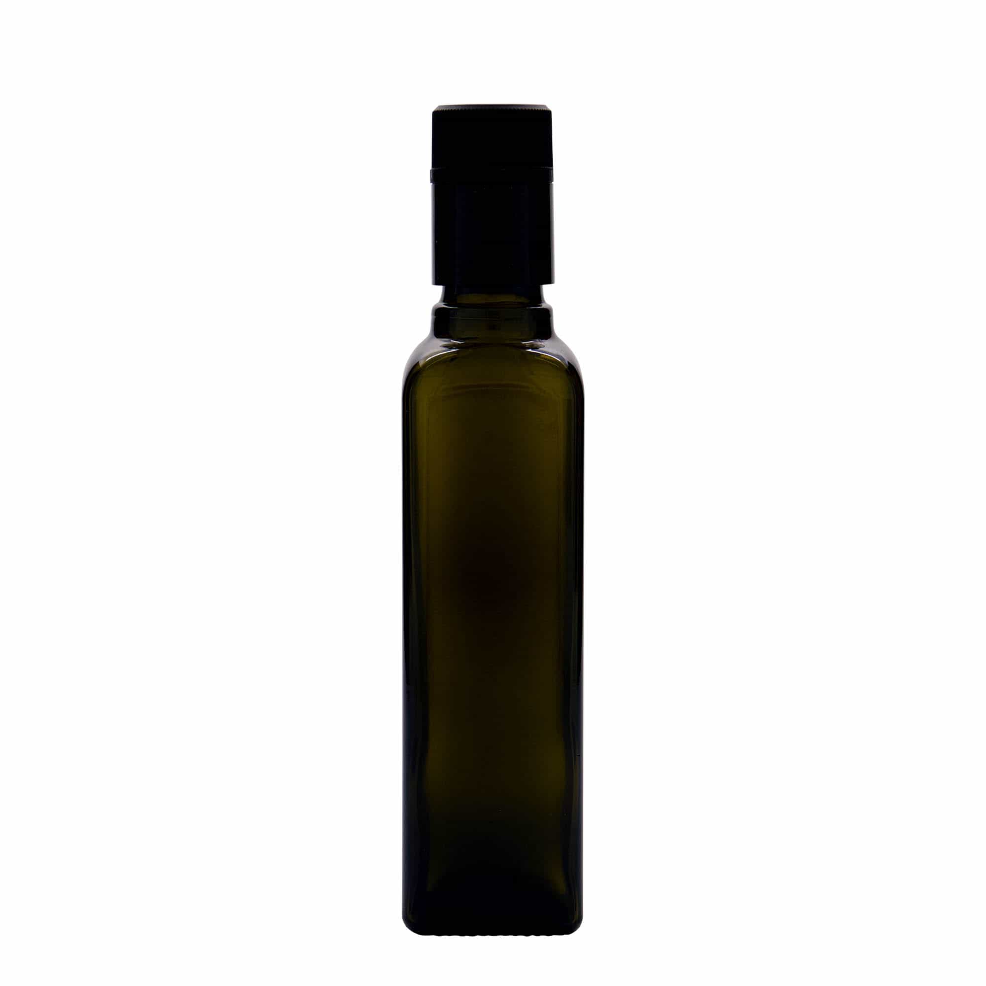 250 ml eddik-/oljeflaske "Quadra", glass, kvadratisk, antikkgrønn, åpning: DOP