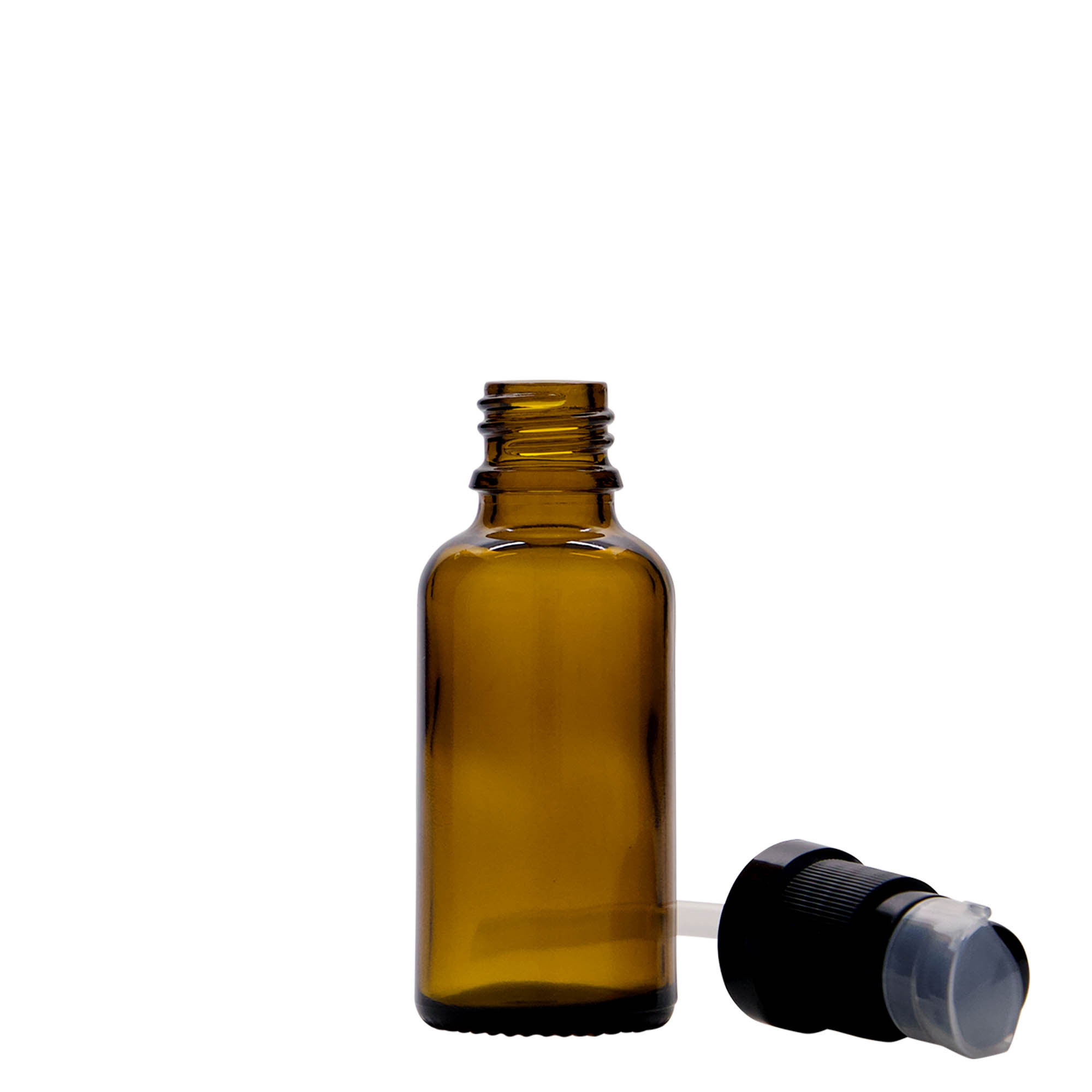 30 ml medisinflaske med lotionpumpe, glass, brun, åpning: DIN 18