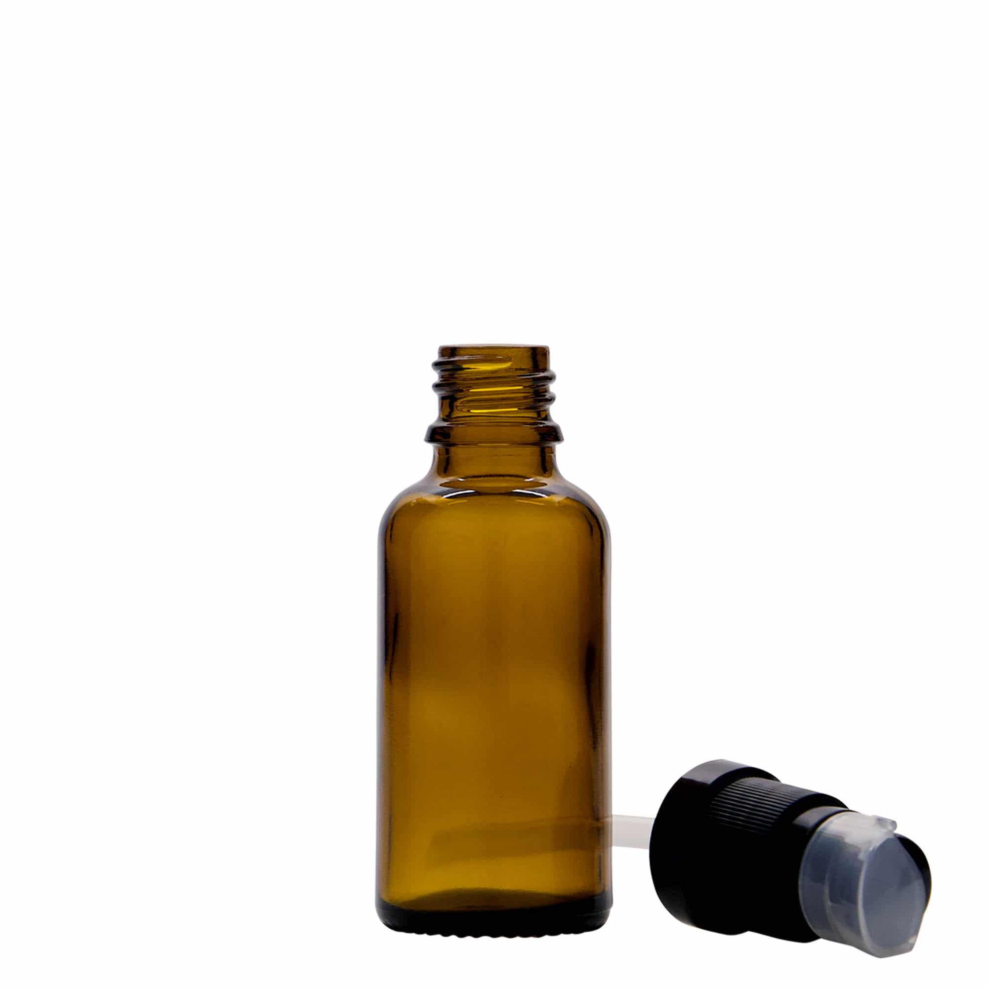 30 ml medisinsk flaske med lotionpumpe, glass, brun, åpning: DIN 18