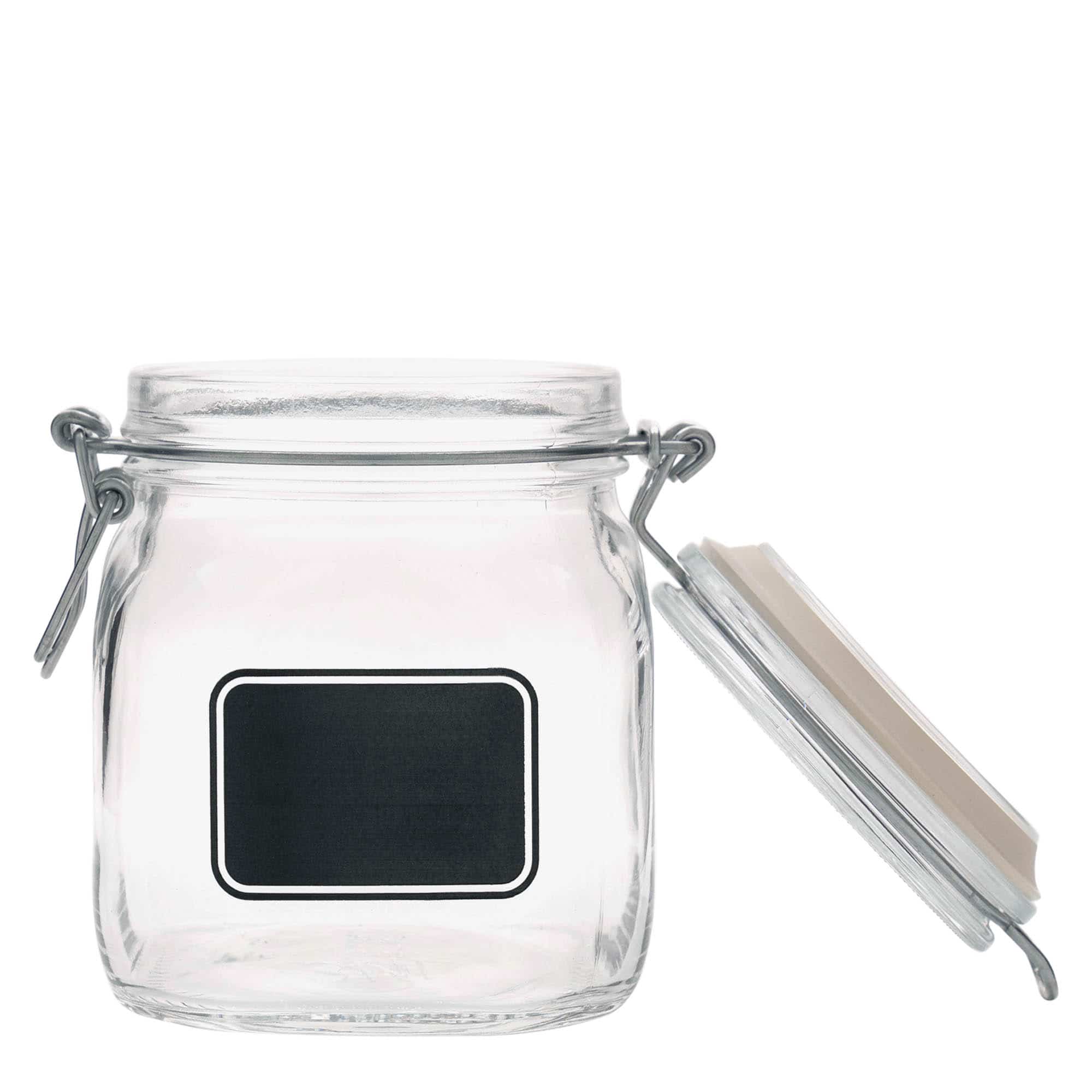 750 ml bøyleglass "Fido", motiv: Etikettfelt, kvadratisk, åpning: Bøylelokk