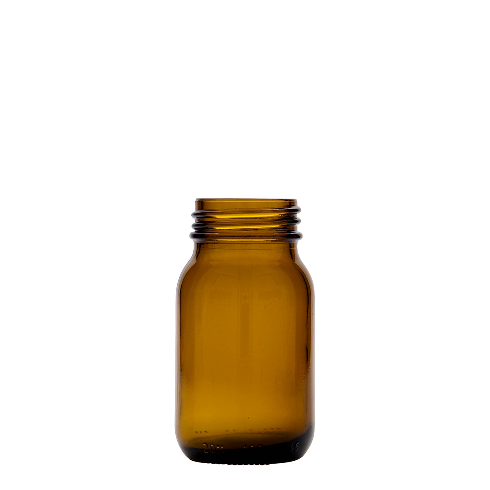 100 ml bredhalsglass, brun, åpning: DIN 40
