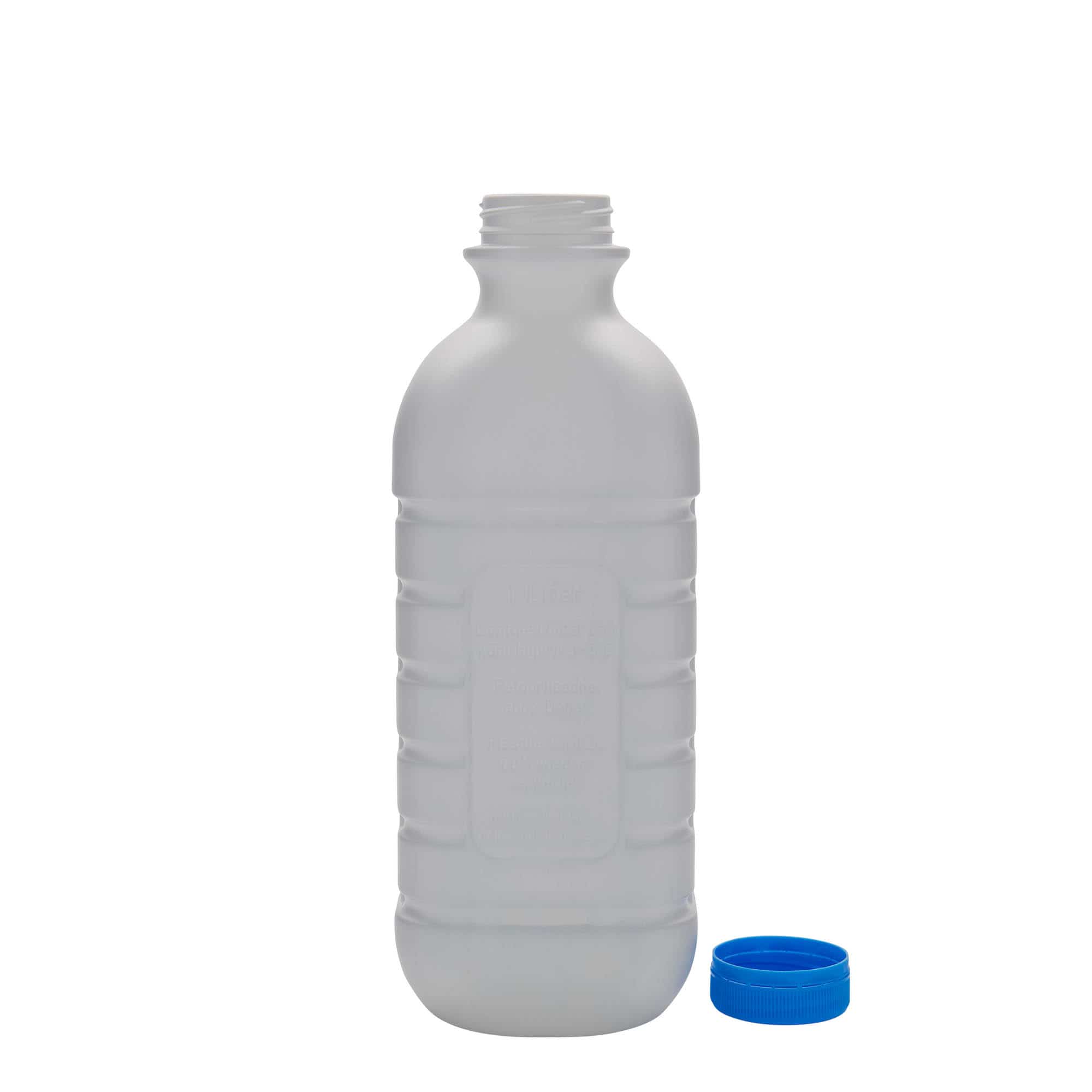 1000 ml melkeflaske, firkantet, HDPE-plast, hvit, åpning: PEHD40