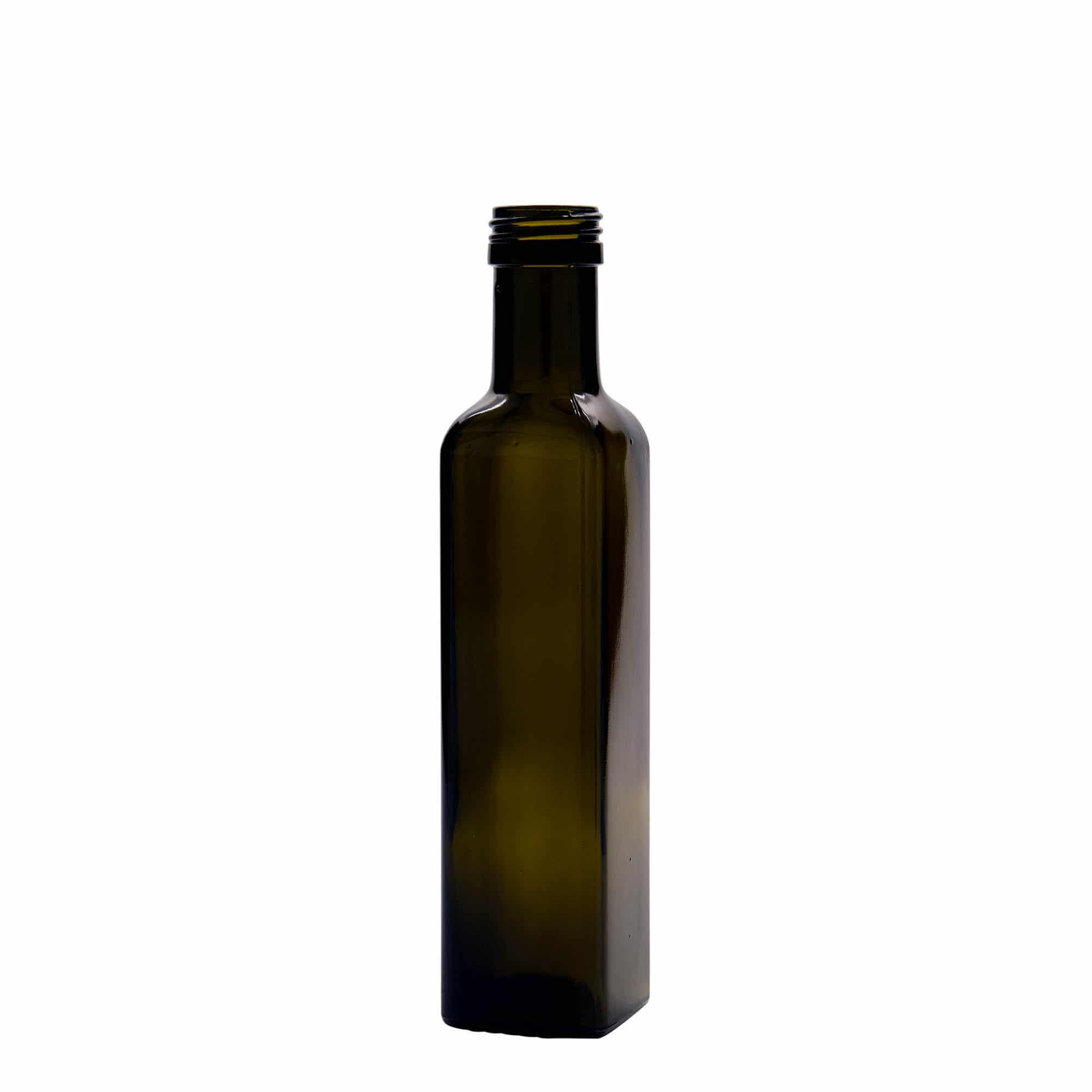 250 ml glassflaske "Marasca", kvadratisk, antikkgrønn, åpning: PP 31,5
