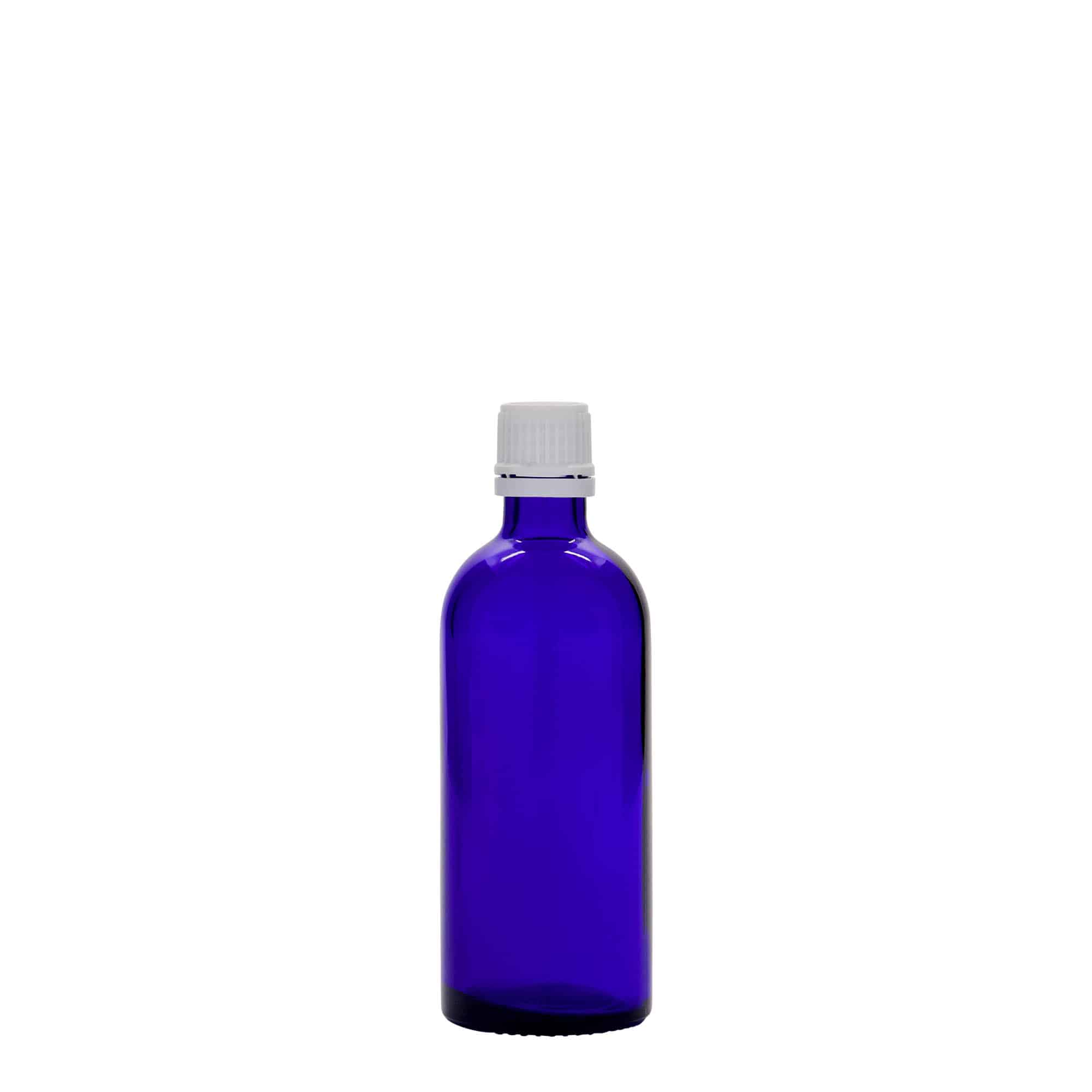 100 ml medisinsk flaske, glass, kongeblå, åpning: DIN 18