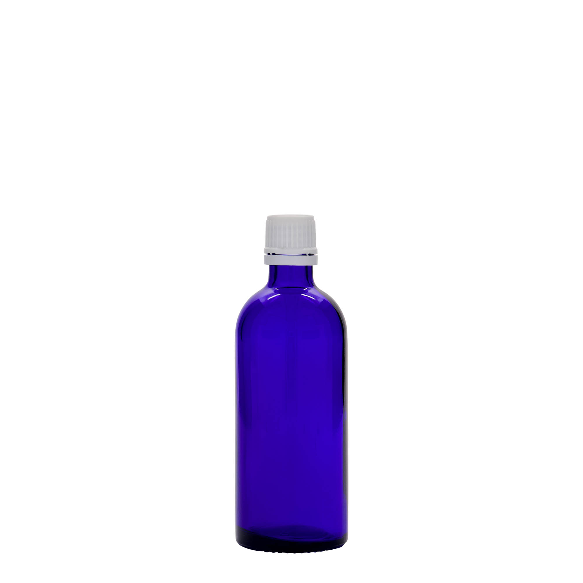 100 ml medisinsk flaske, glass, kongeblå, åpning: DIN 18