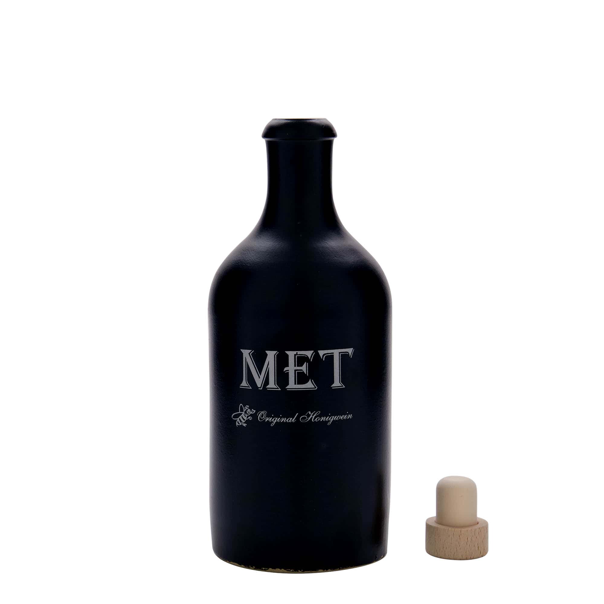 500 ml leirkrus, motiv: Met, steintøy, svart, åpning: Kork