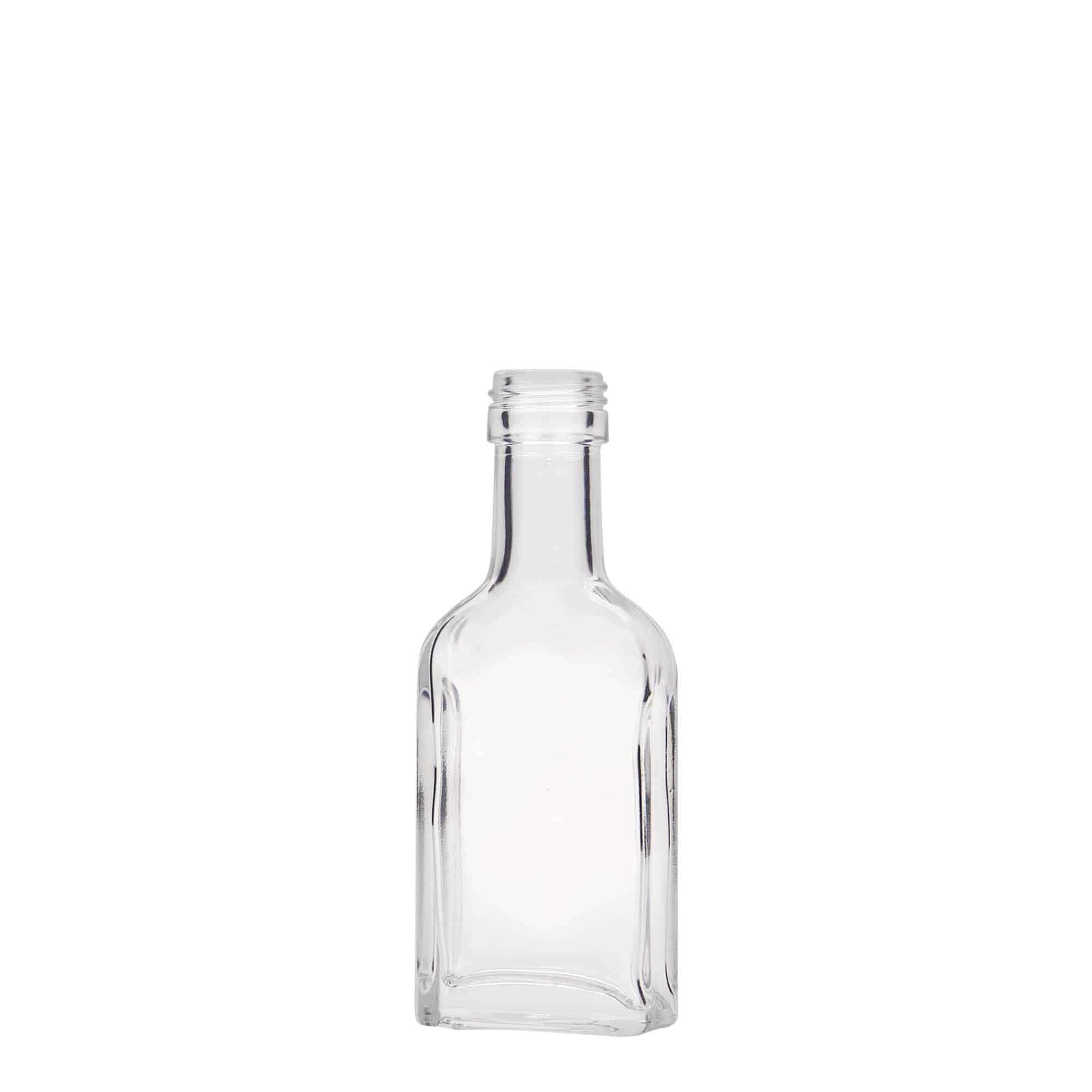 40 ml lommeflaske lang hals, firkantet, glass, åpning: PP 22