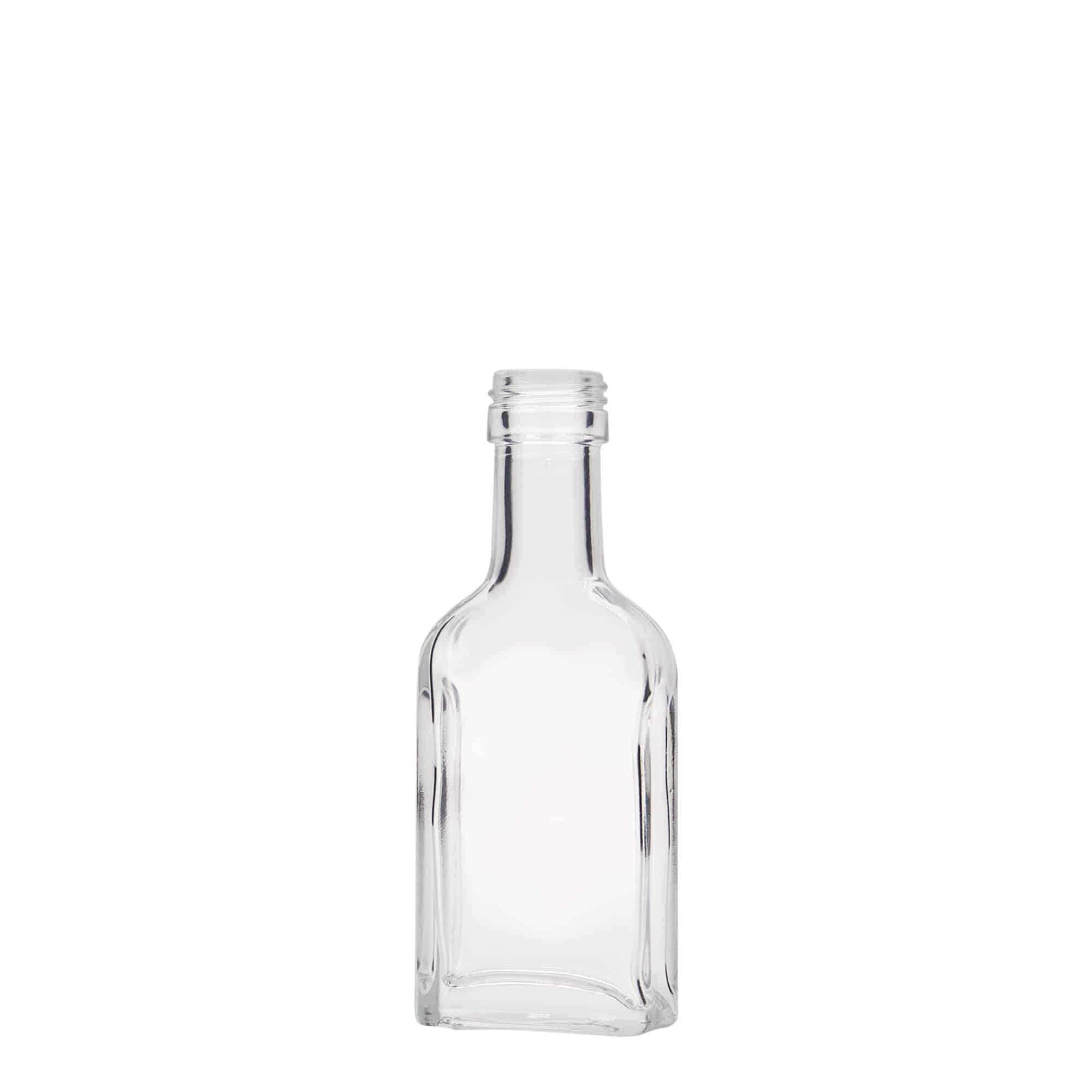 40 ml lommeflaske med lang hals, rektangulær, glass, åpning: PP 22 40 ml lommeflaske med lang hals, rektangulær, glass, åpning: PP 22
