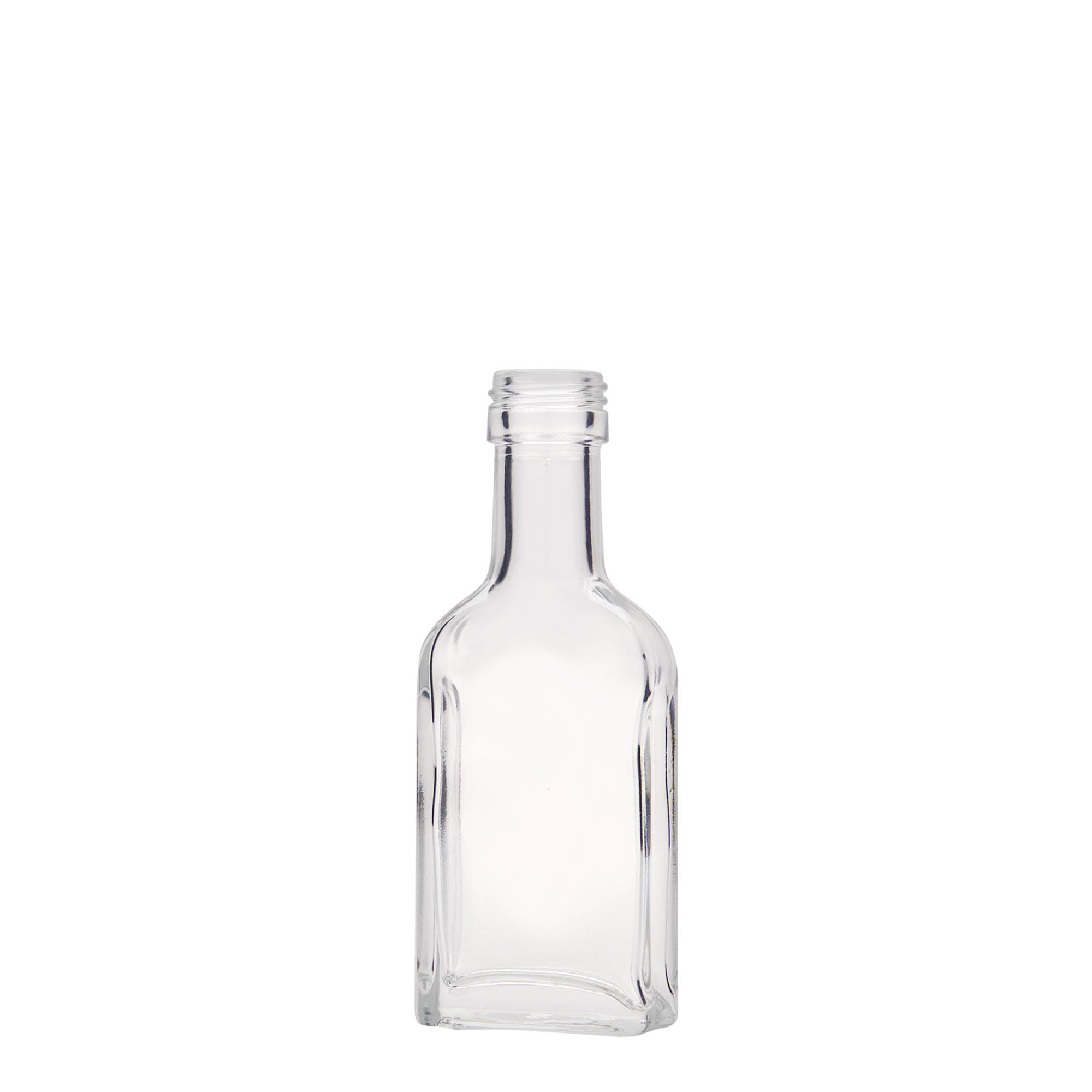 40 ml lommeflaske med lang hals, rektangulær, glass, åpning: PP 22