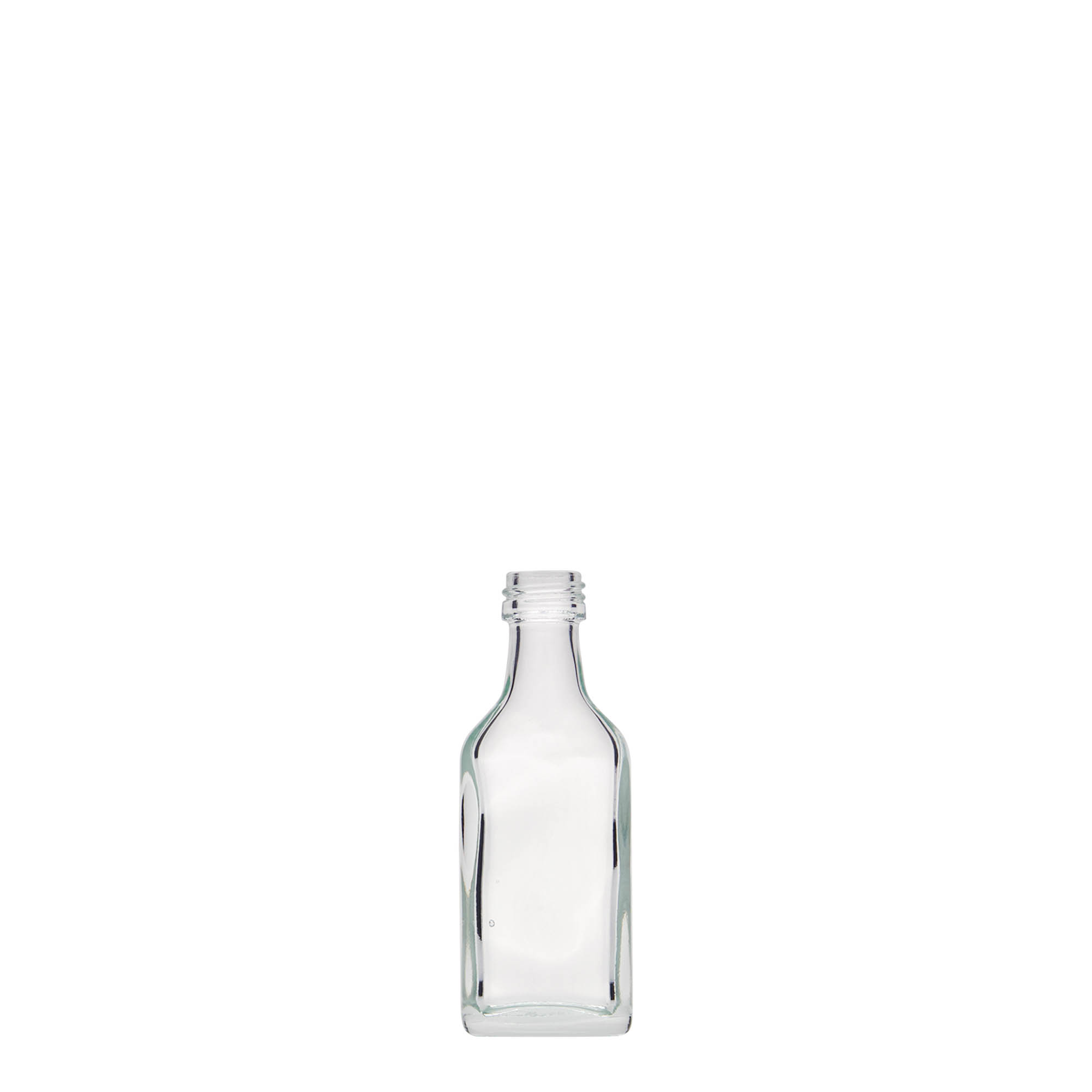 20 ml lommeflaske, rektangulær, glass, åpning: PP 18 20 ml lommeflaske, rektangulær, glass, åpning: PP 18