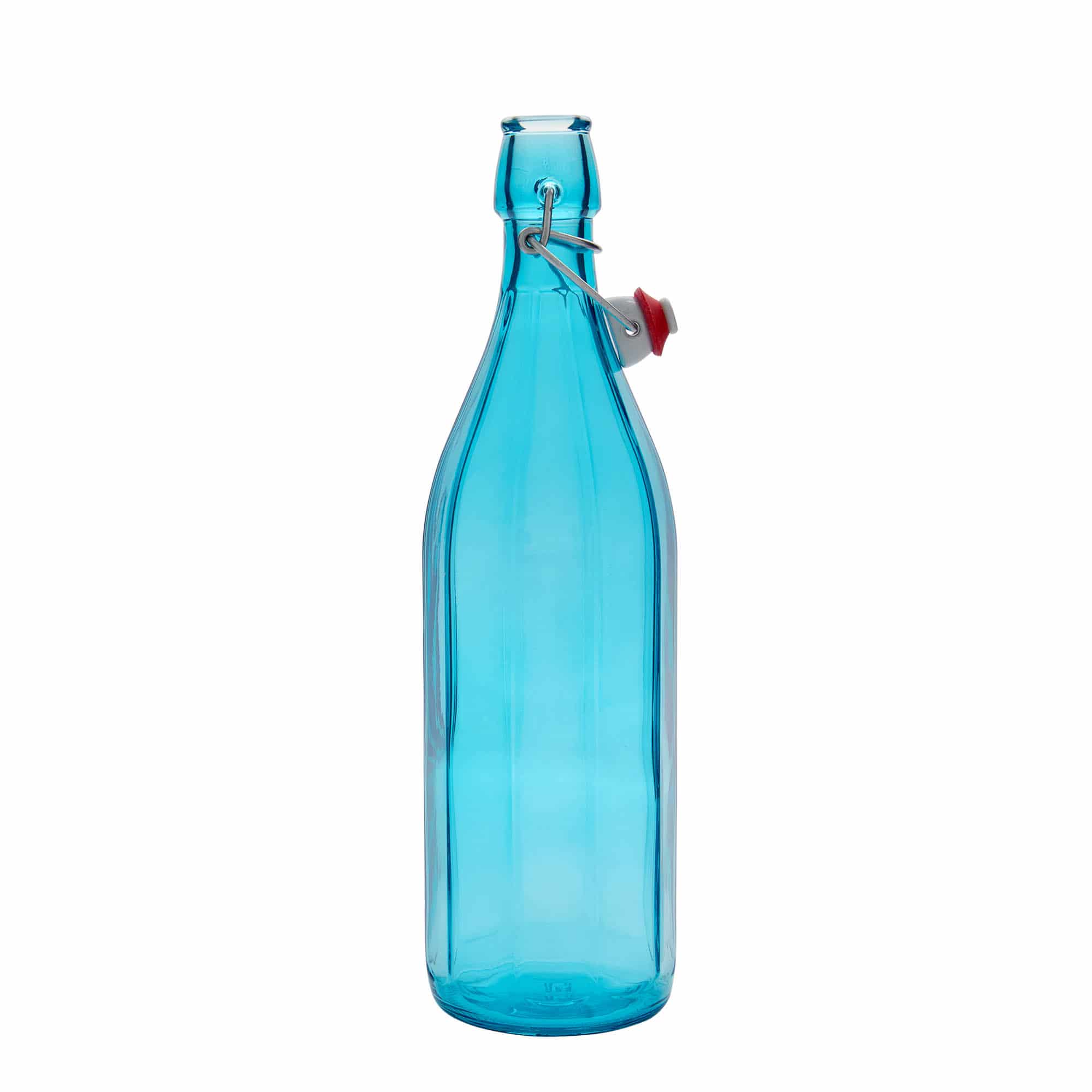 1000 ml glassflaske "Oxford", tikantet, asurblå, åpning: Bøylelokk