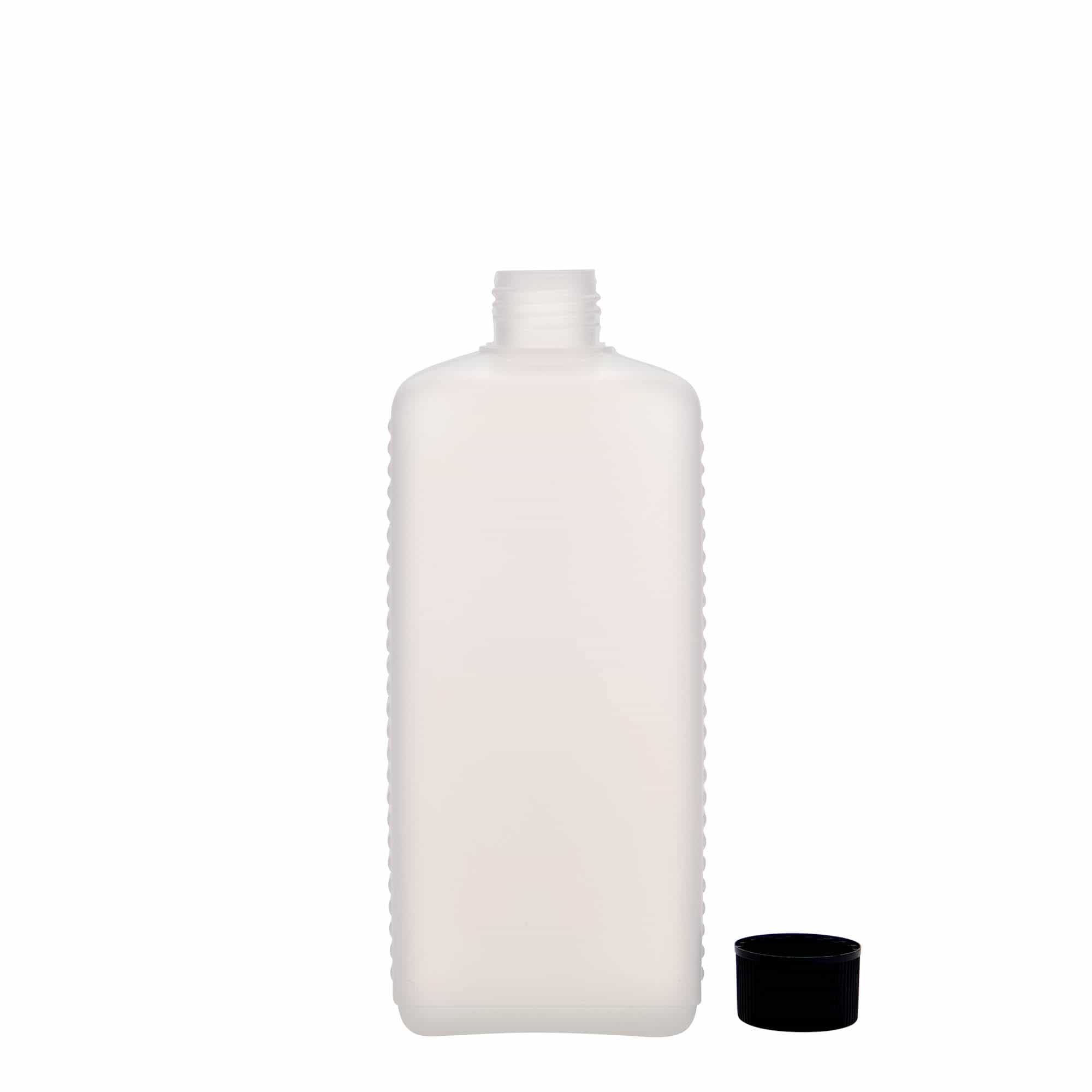 500 ml beholderflaske, firkantet, HDPE-plast, natur, åpning: DIN 25 EPE