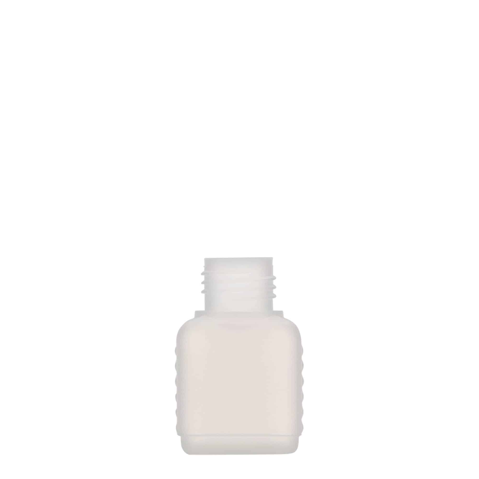 50 ml beholderflaske, firkantet, HDPE-plast, natur, åpning: DIN 25 50 ml beholderflaske, firkantet, HDPE-plast, natur, åpning: DIN 25