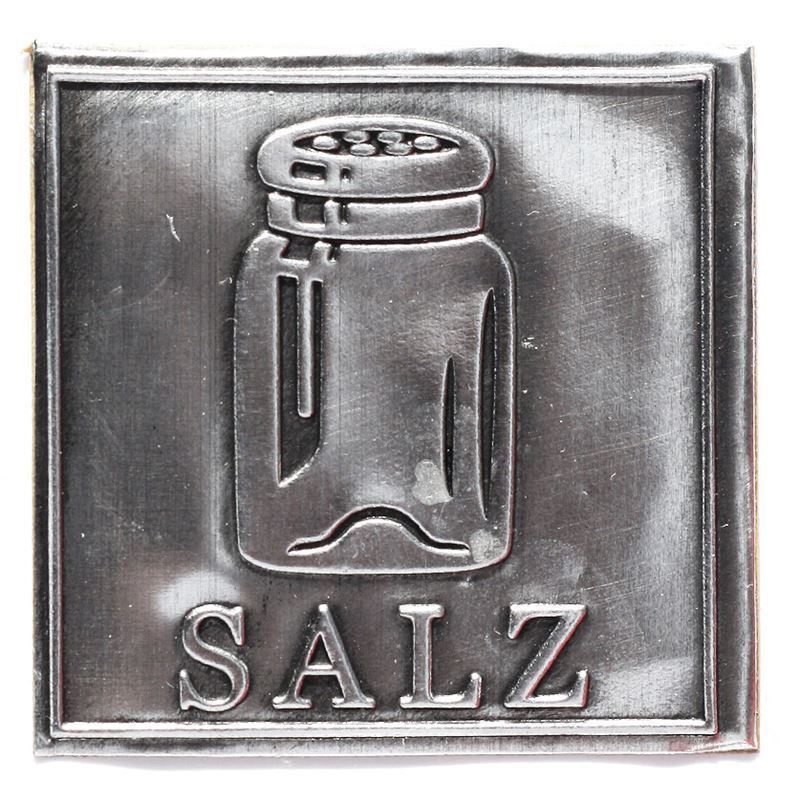Tinnetikett "Salt", kvadratisk, metall, sølv Tinnetikett "Salt", kvadratisk, metall, sølv