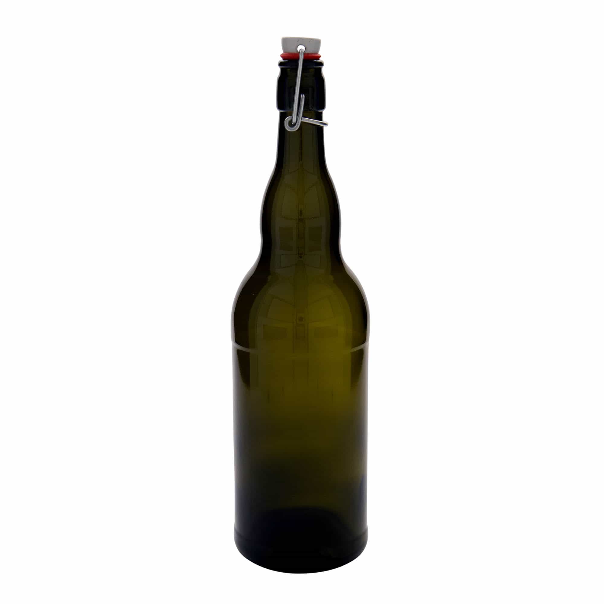1.000 ml ølflaske Belgia, glass, antikkgrønn, åpning: patentkork