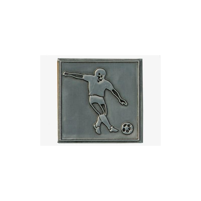 Tinnetikett "Fotball", kvadratisk, metall, sølv