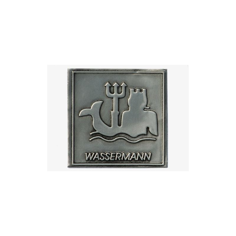 Tinnetikett 'Wassermann', kvadratisk, metall, sølvfarget Tinnetikett 'Wassermann', kvadratisk, metall, sølvfarget