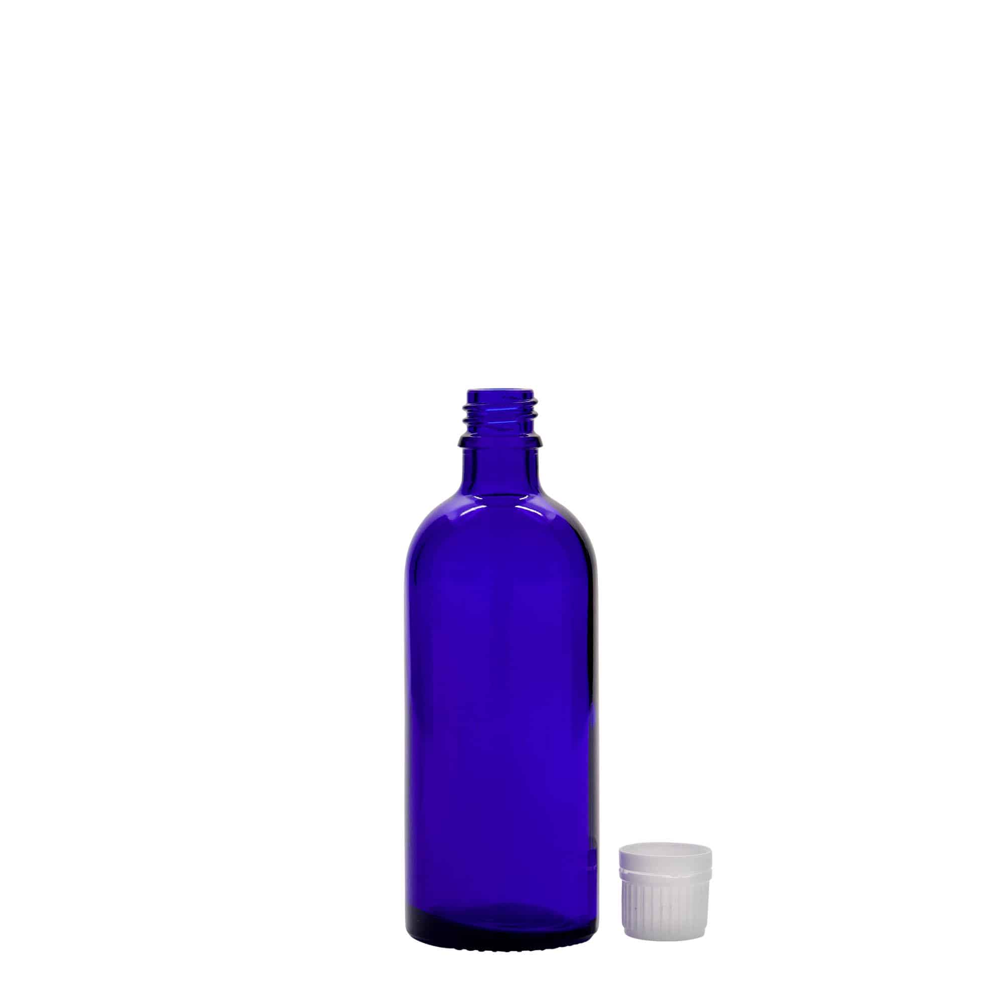 100 ml medisinsk flaske, glass, kongeblå, åpning: DIN 18