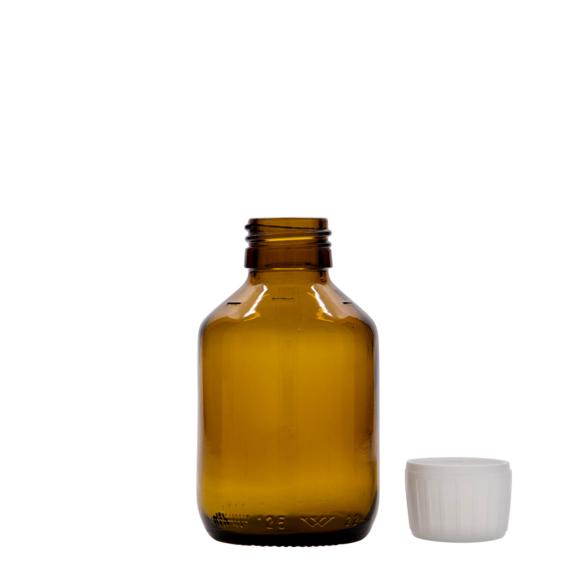 125 ml medisinflaske, brun, glass, åpning: PP 28