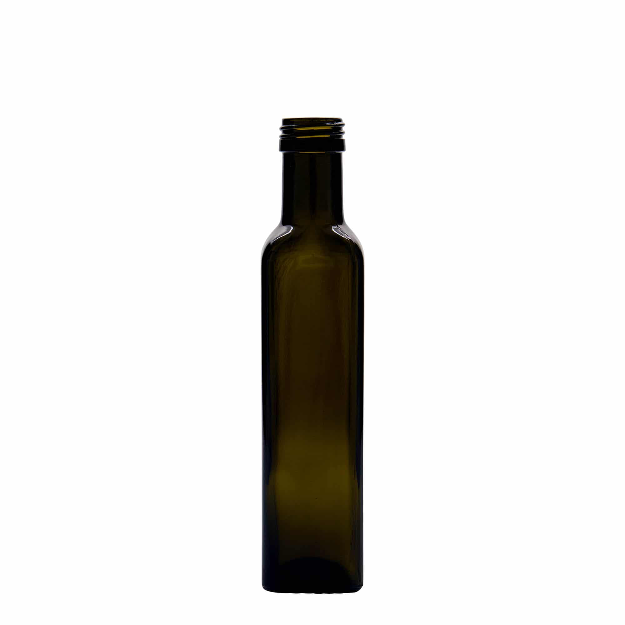 250 ml glassflaske "Marasca", kvadratisk, antikkgrønn, åpning: PP 31,5 250 ml glassflaske "Marasca", kvadratisk, antikkgrønn, åpning: PP 31,5