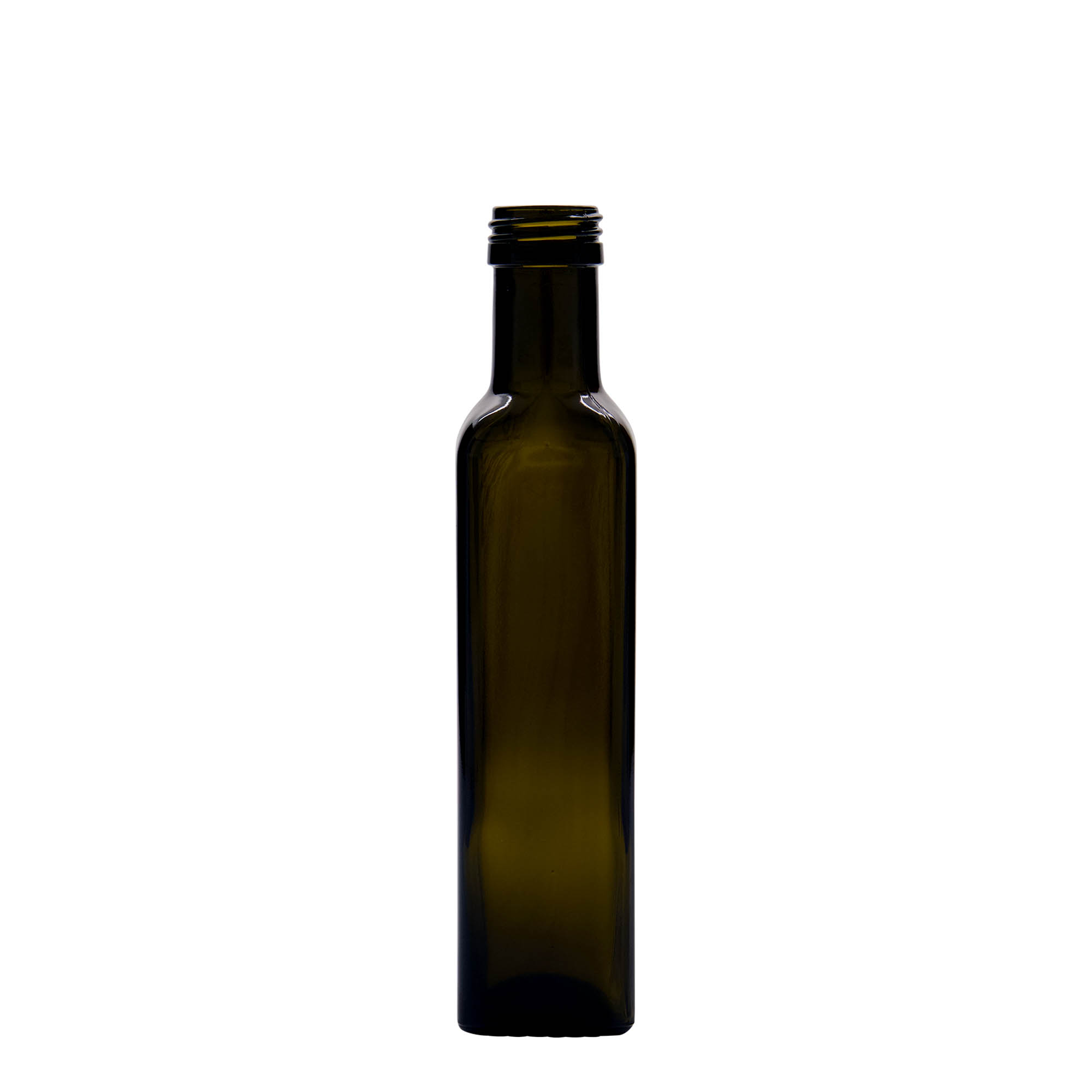 250 ml glassflaske 'Marasca', firkantet, antikkgrønn, åpning: PP 31,5 250 ml glassflaske 'Marasca', firkantet, antikkgrønn, åpning: PP 31,5