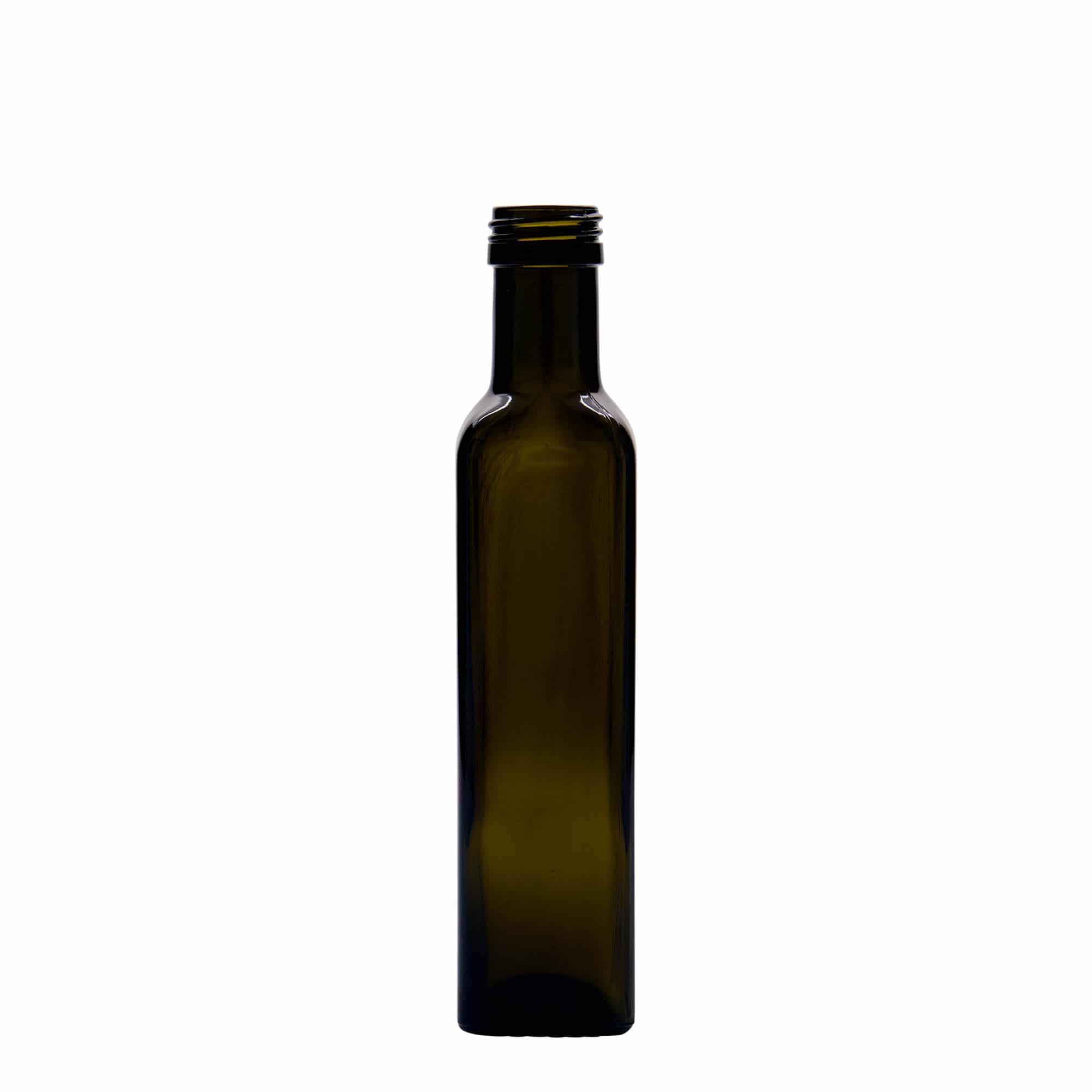250 ml glassflaske 'Marasca', firkantet, antikkgrønn, åpning: PP 31,5
