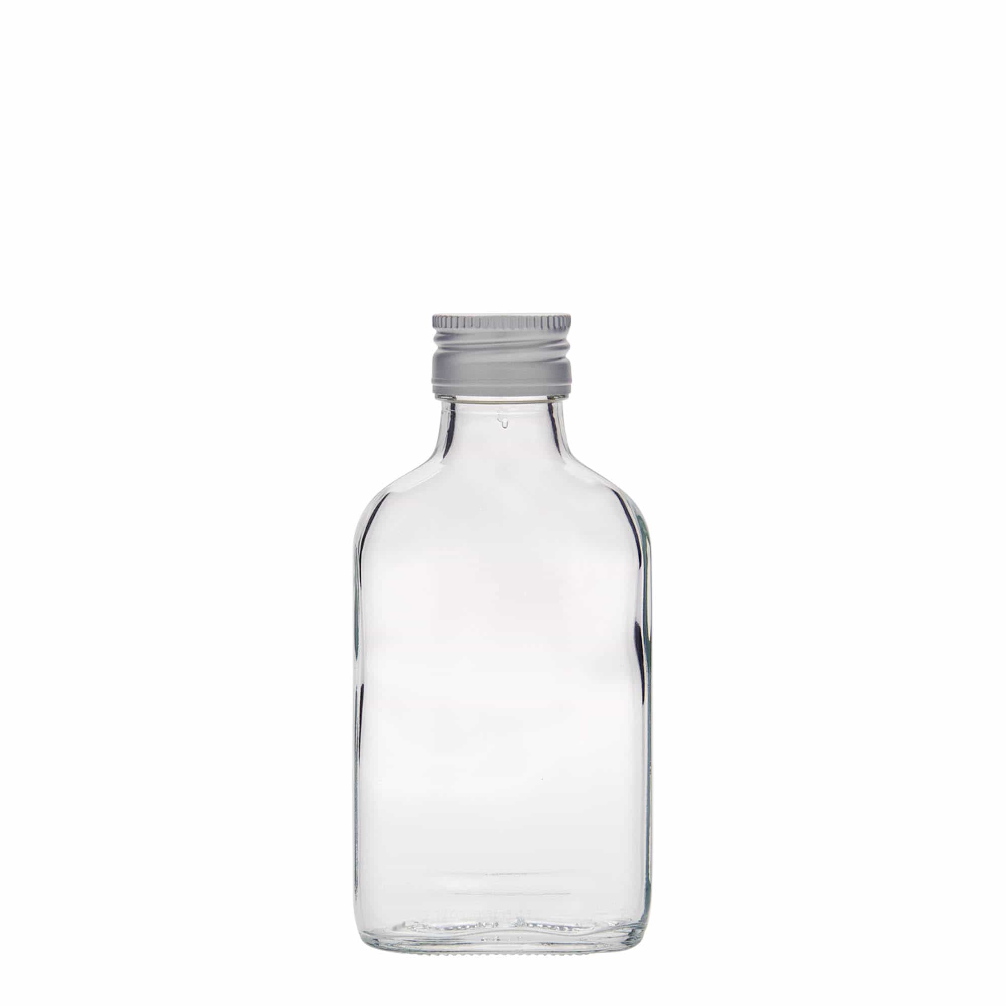 100 ml lommeflaske, firkantet, glass, åpning: PP 28
