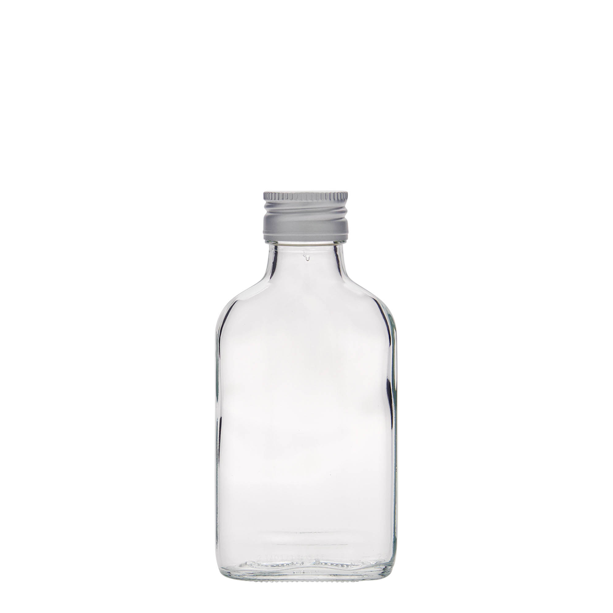 100 ml lommeflaske, rektangulær, glass, åpning: PP 28