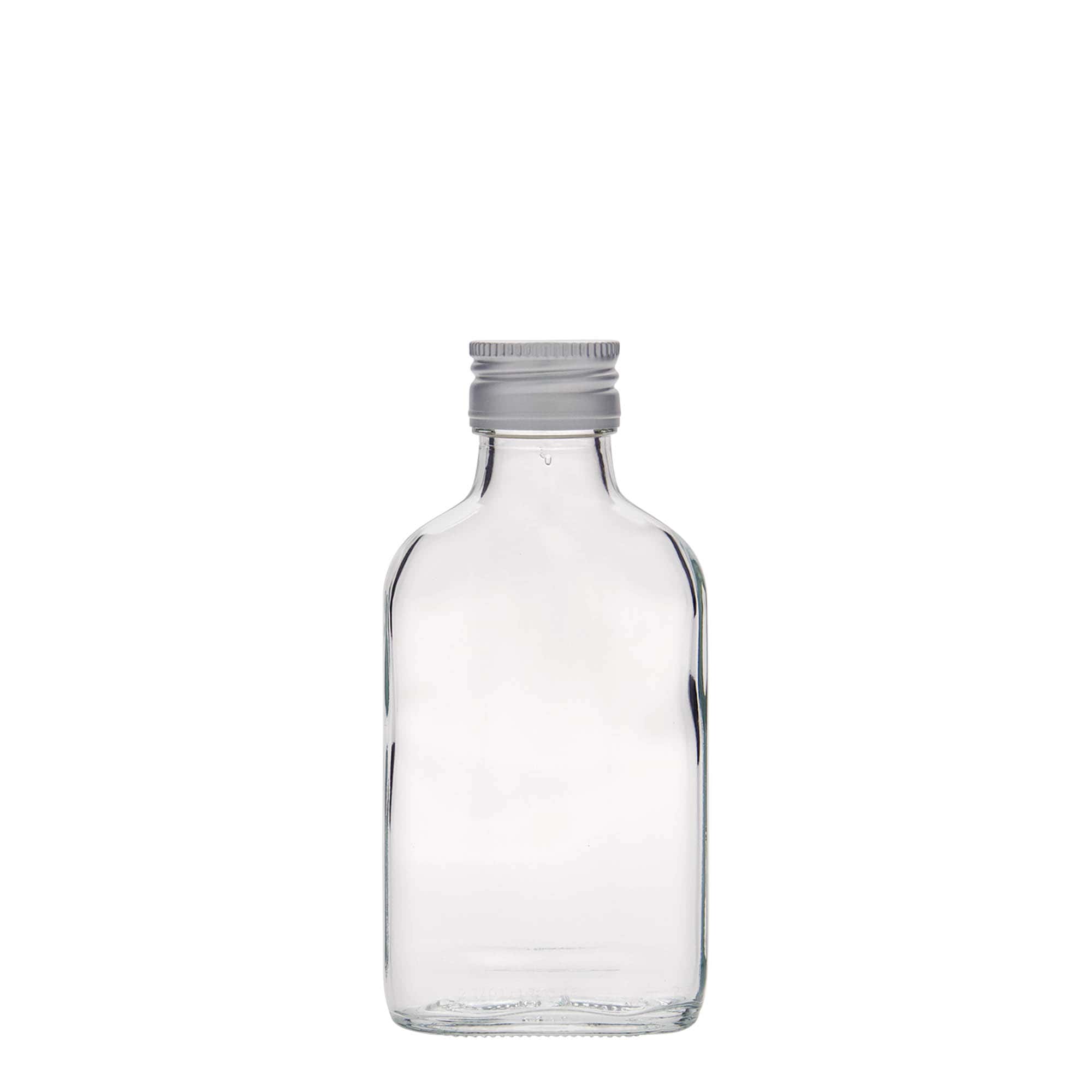 100 ml lommeflaske, rektangulær, glass, åpning: PP 28