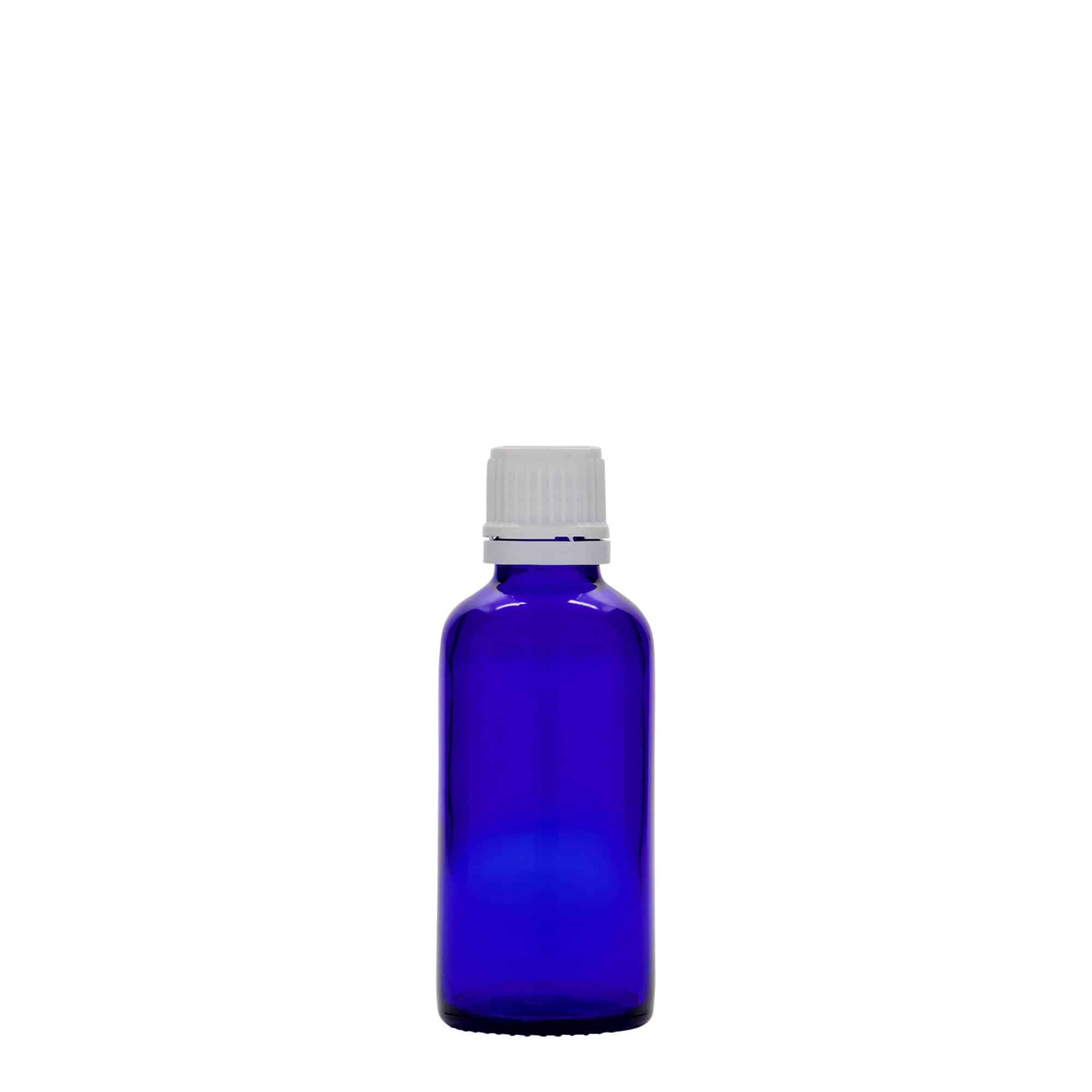 50 ml medisinflaske, glass, kongeblå, åpning: DIN 18