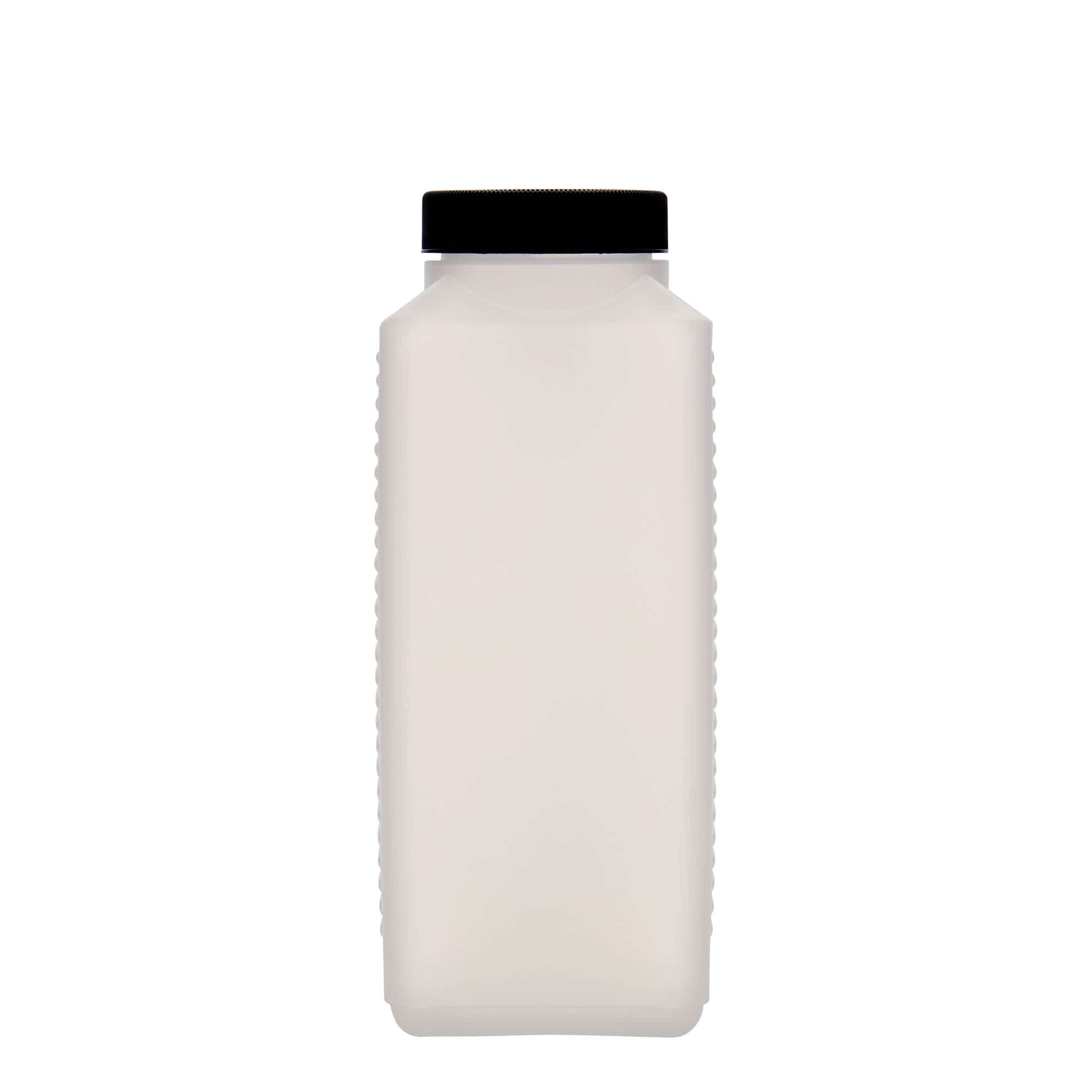 1000 ml vid halsflaske, firkantet, HDPE-plast, natur, åpning: DIN 60 EPE