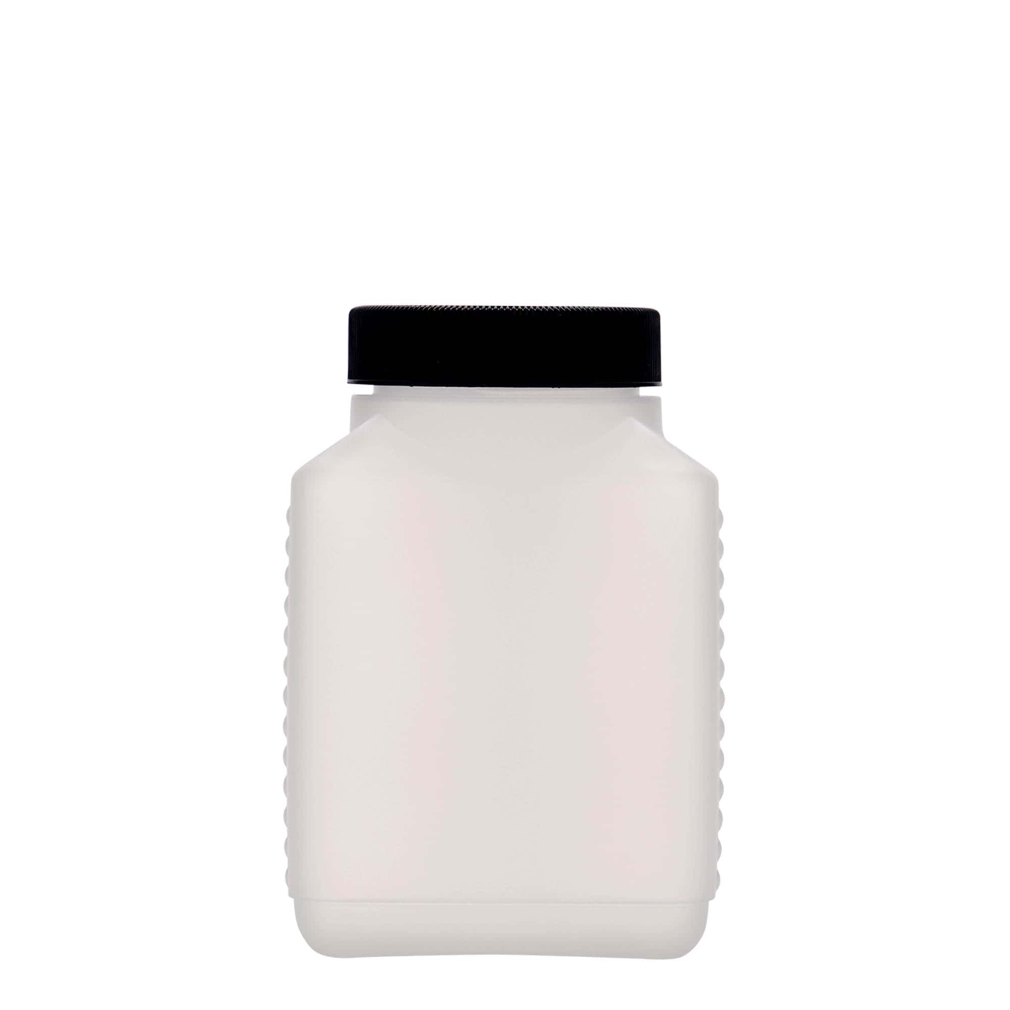 500 ml bredhalsflaske, rektangulær, HDPE-plast, natur, åpning: DIN 60 EPE