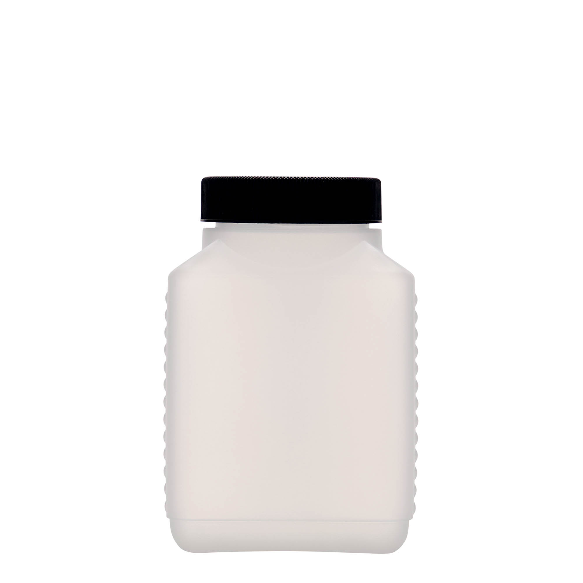 500 ml bredhalsflaske, rektangulær, HDPE-plast, natur, åpning: DIN 60 EPE