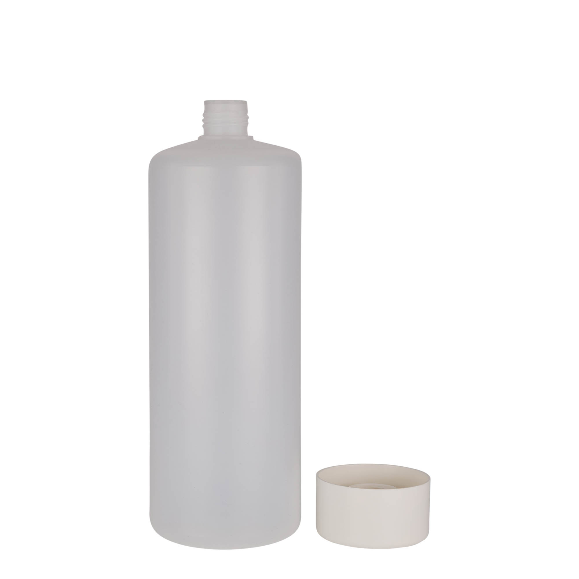 1.000 ml rund flaske, PE-plast, natur, åpning: skrukork 1.000 ml rund flaske, PE-plast, natur, åpning: skrukork
