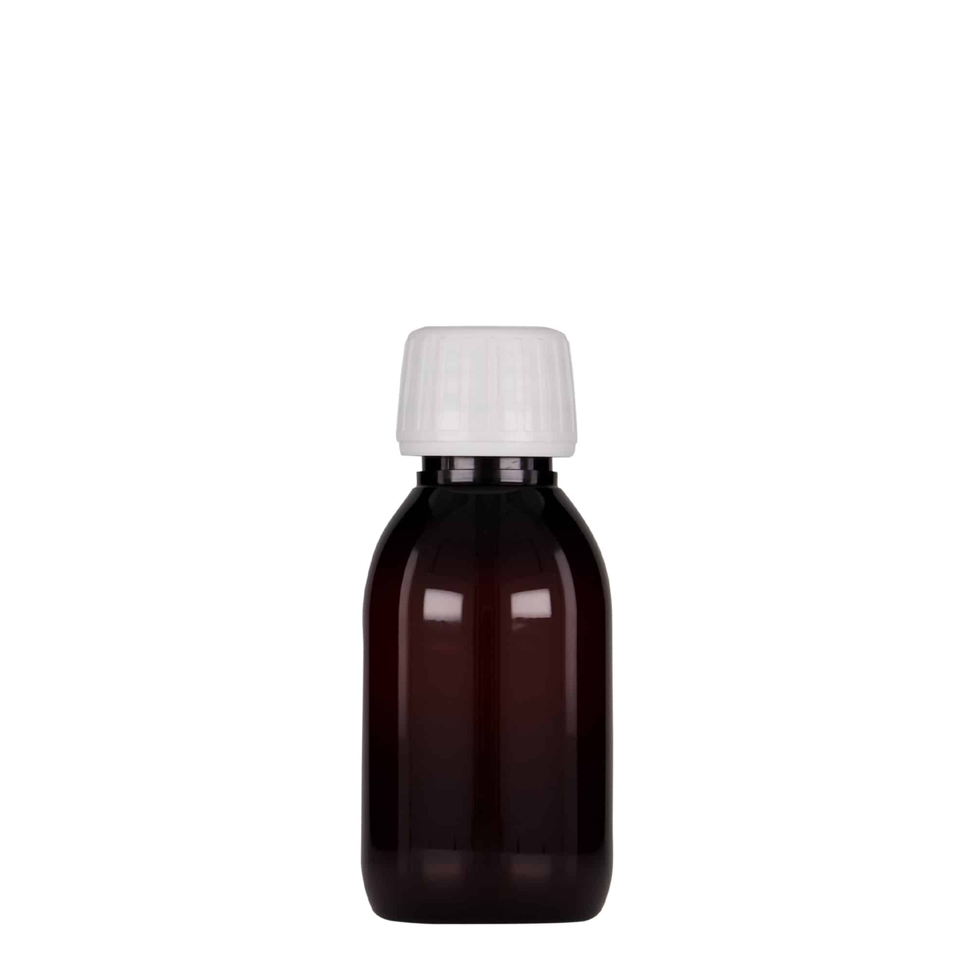100 ml PET-medisinflaske, brun, plast, åpning: PP 28