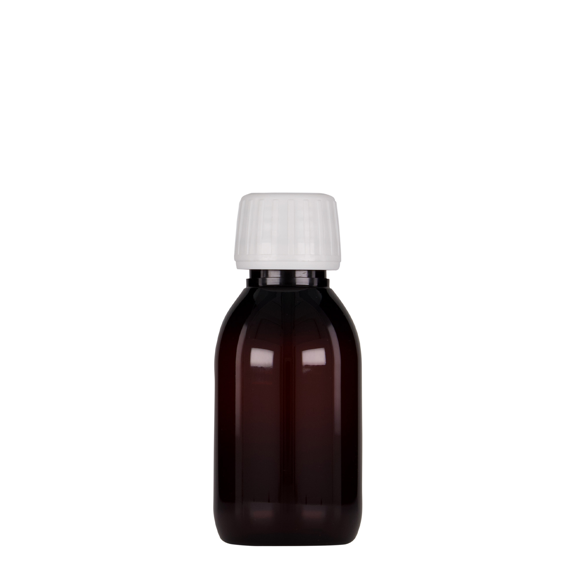 100 ml PET-medisinflaske, brun, plast, munnstykke: PP 28