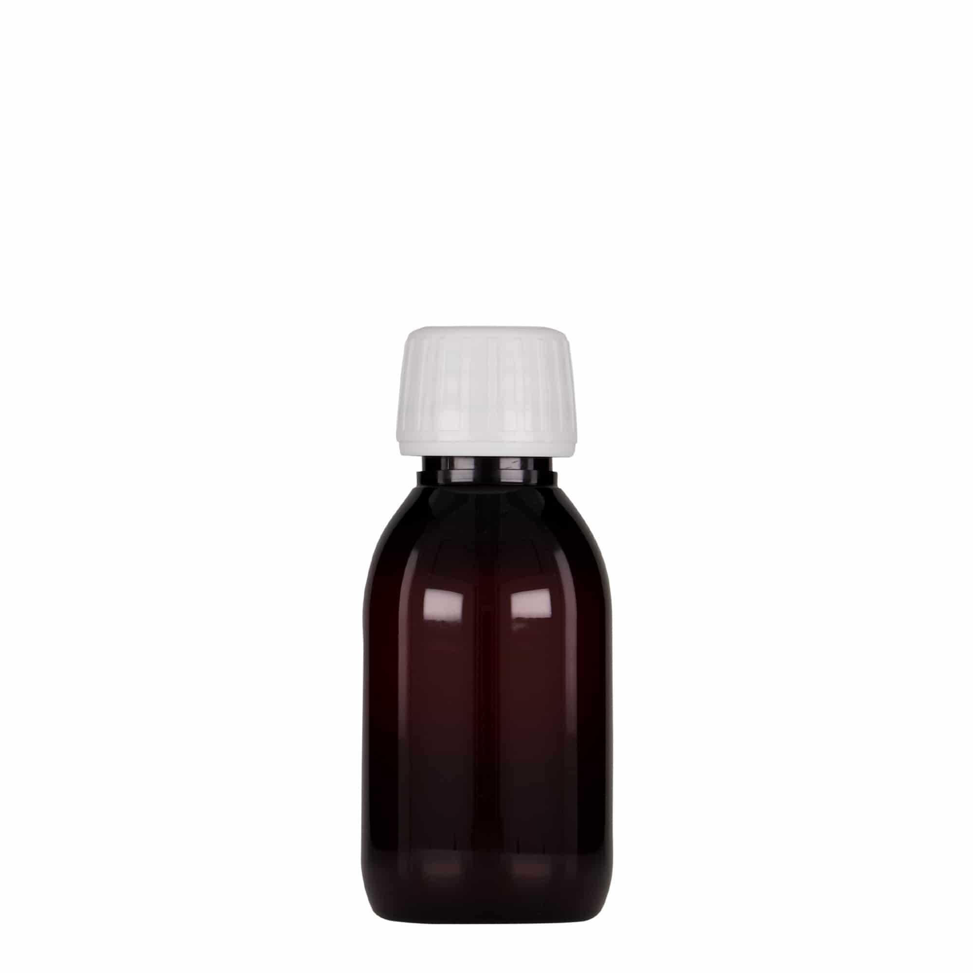 100 ml PET-medisinflaske, brun, plast, munnstykke: PP 28