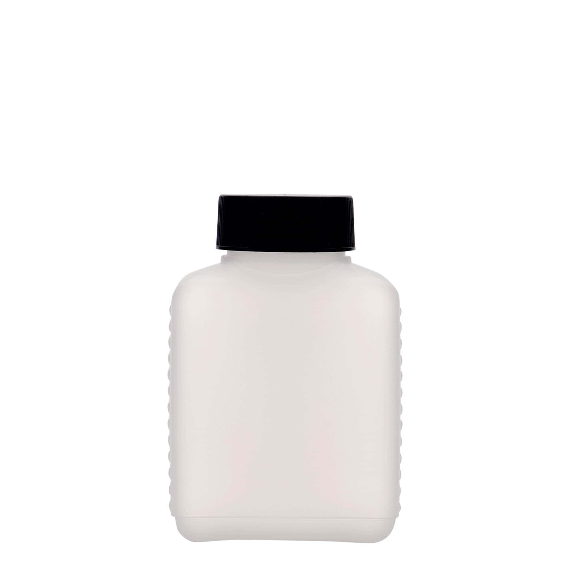 250 ml bredhalsflaske, rektangulær, HDPE-plast, natur, åpning: DIN 40 EPE