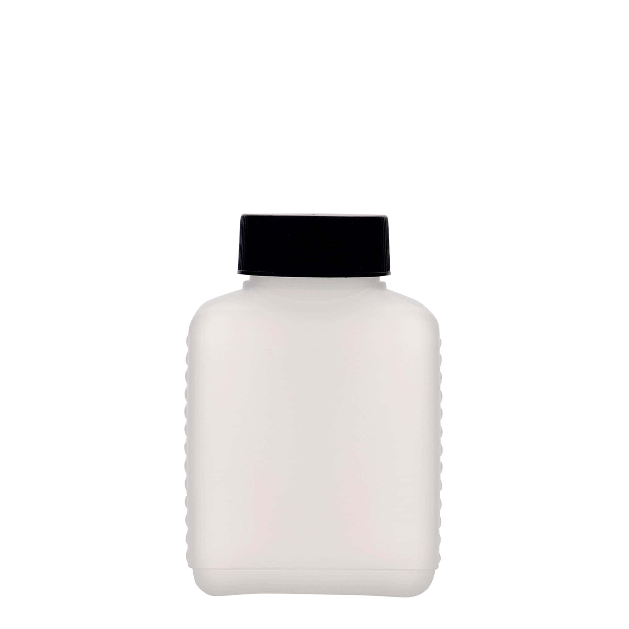 250 ml bredhalsflaske, rektangulær, HDPE-plast, natur, åpning: DIN 40 EPE