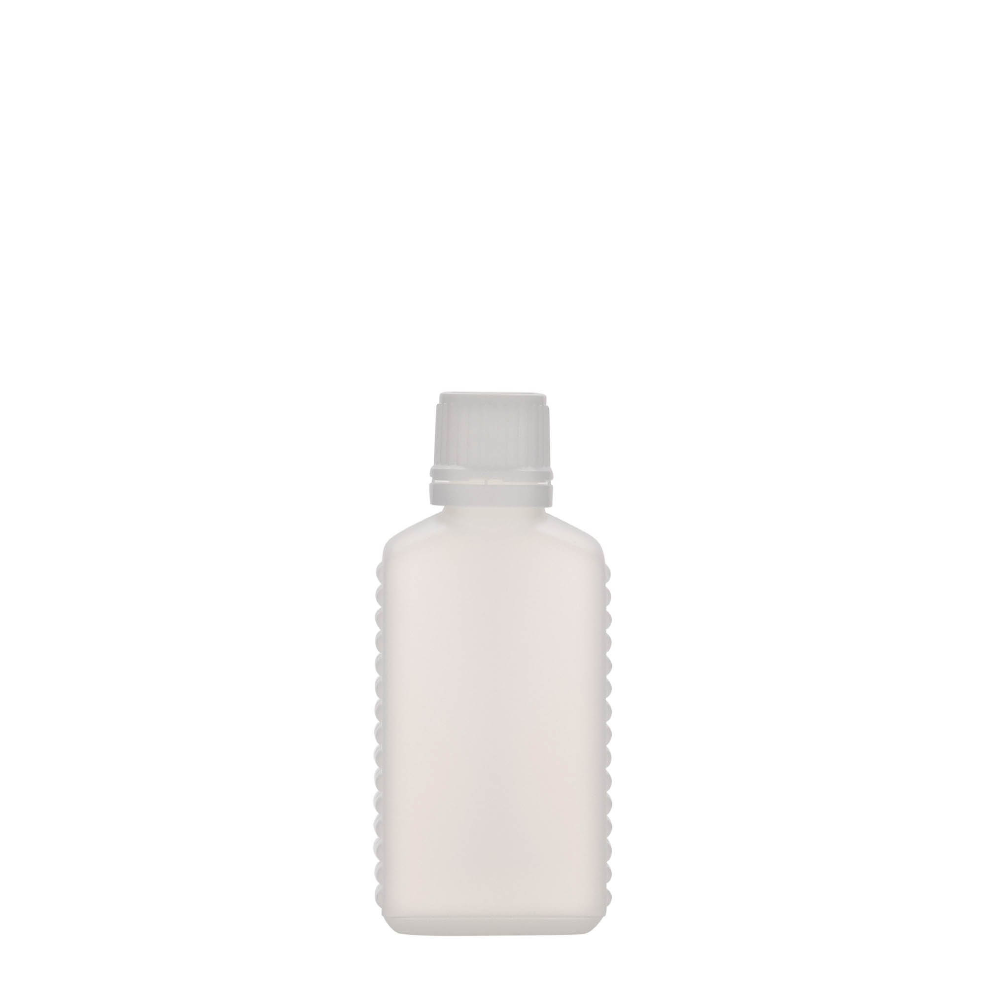 50 ml kanisterflaske med smal hals, rektangulær, HDPE-plast, naturfarget, åpning: DIN 18