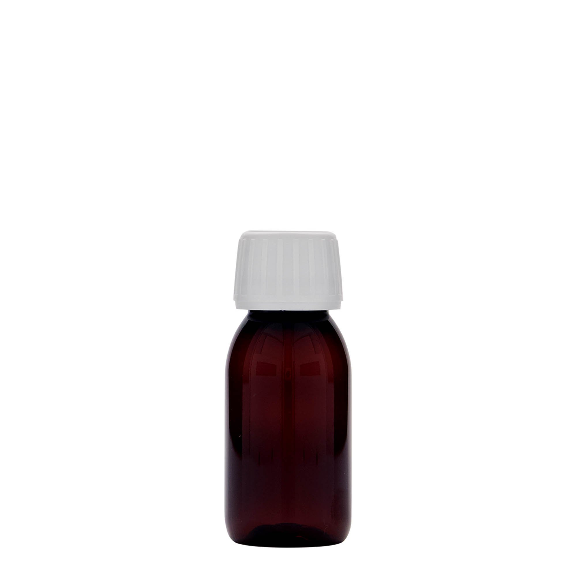 60 ml PET-medisinflaske, brun, plast, munnstykke: PP 28