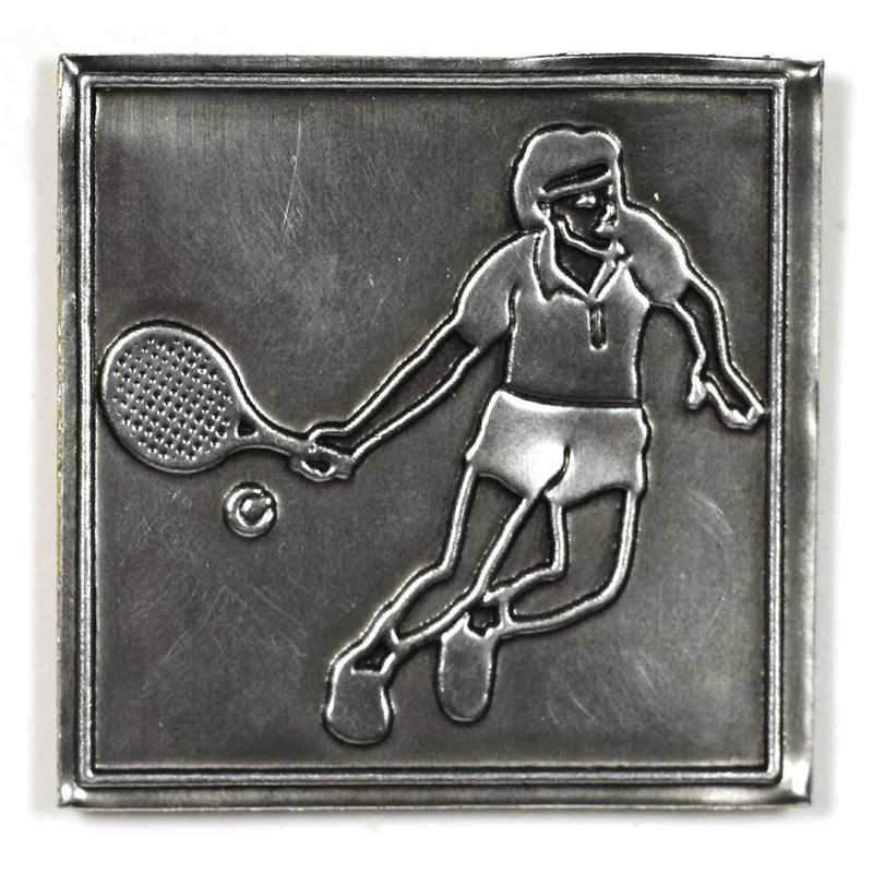 Tinnetikett 'Tennis', firkantet, metall, sølv Tinnetikett 'Tennis', firkantet, metall, sølv