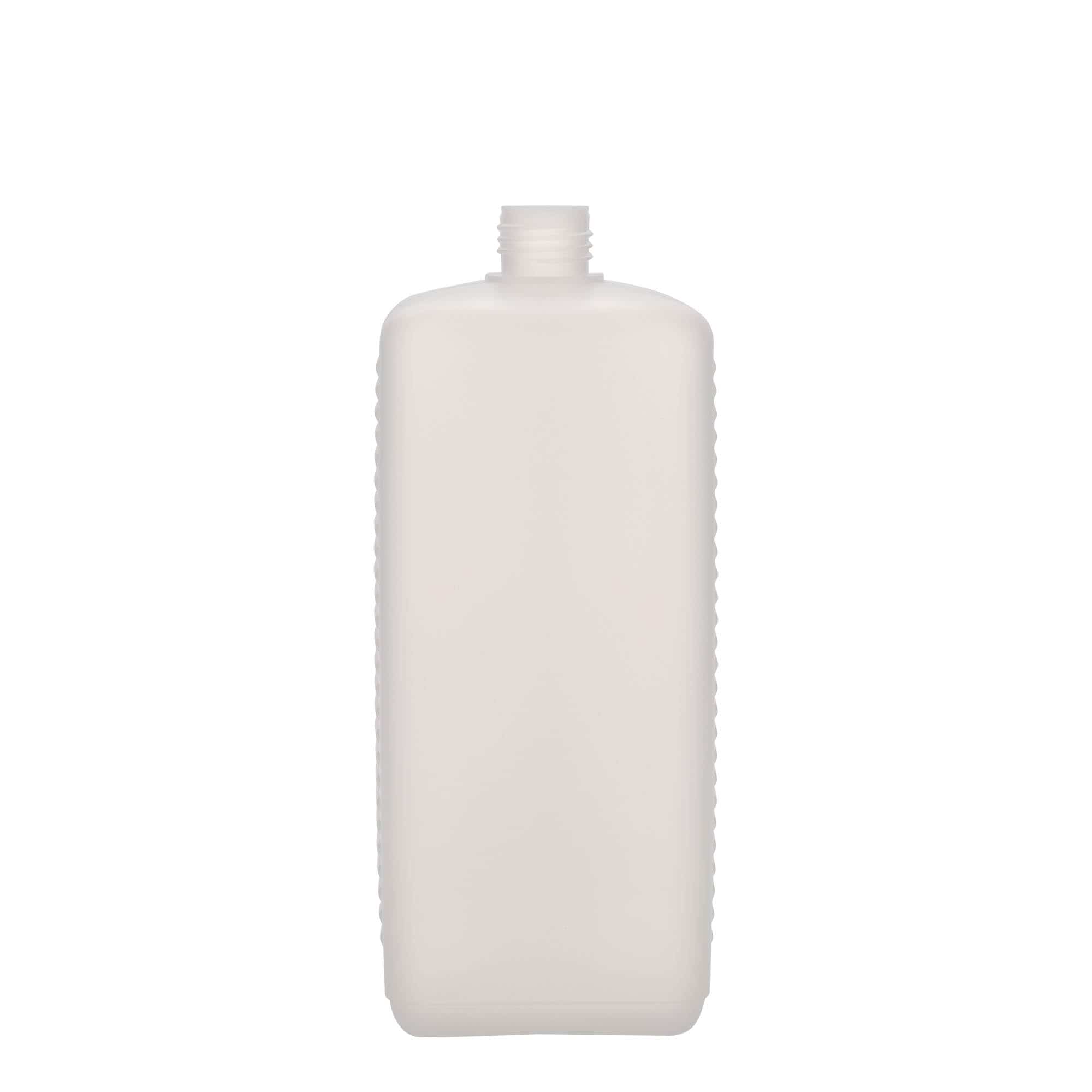 1000 ml beholderflaske, firkantet, HDPE-plast, natur, åpning: DIN 25 EPE