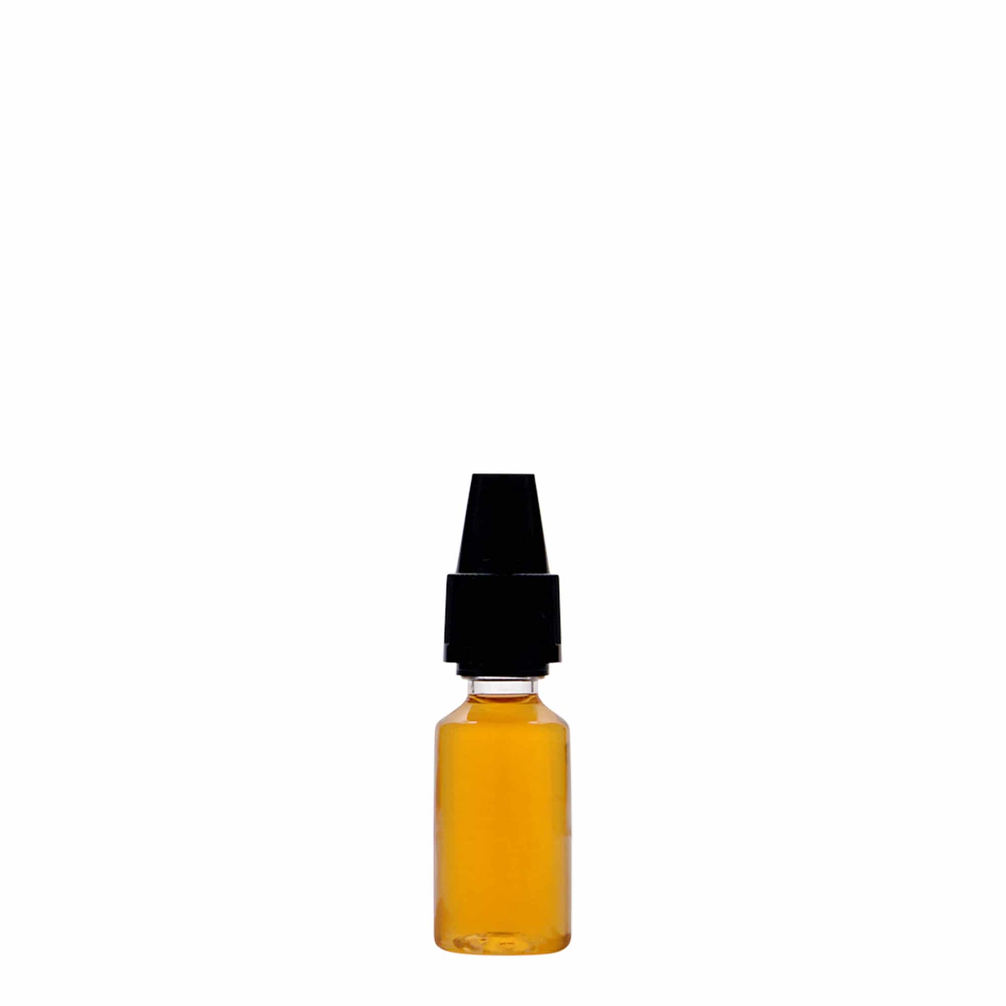 10 ml PET-flaske "E-Liquid" med kvalitets- og barnesikring, plast, åpning: Skrulokk