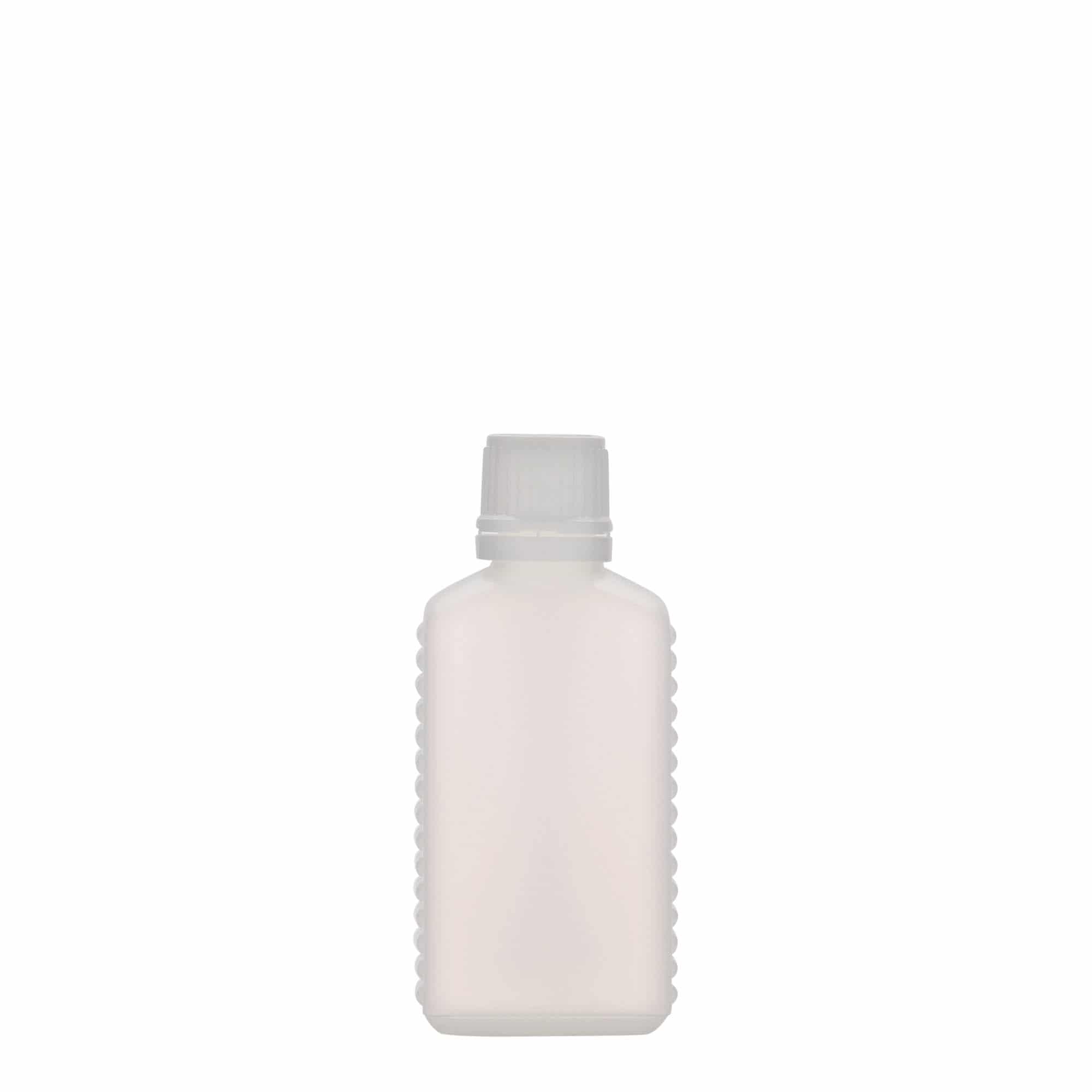 50 ml beholderflaske smal hals, firkantet, HDPE-plast, natur, åpning: DIN 18