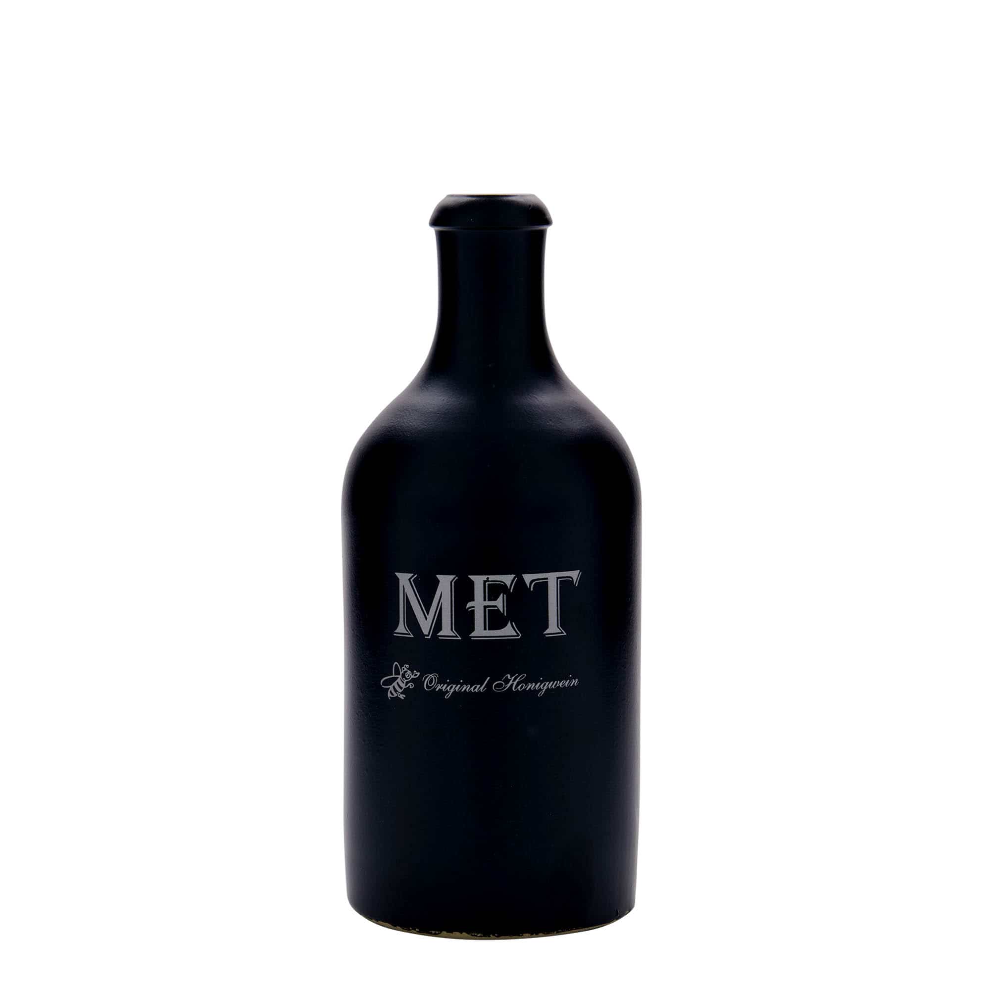 500 ml leirkrus, motiv: Met, steintøy, svart, åpning: Kork