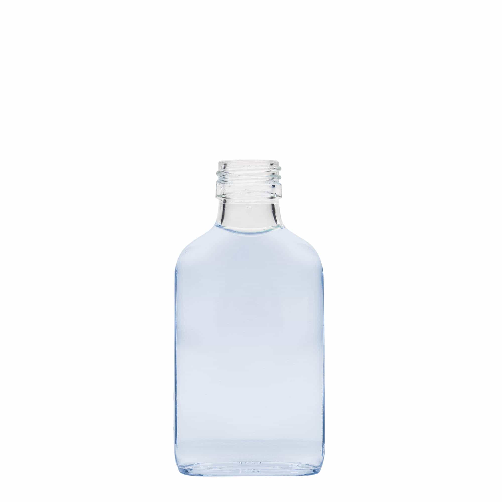 100 ml lommeflaske, firkantet, glass, åpning: PP 28