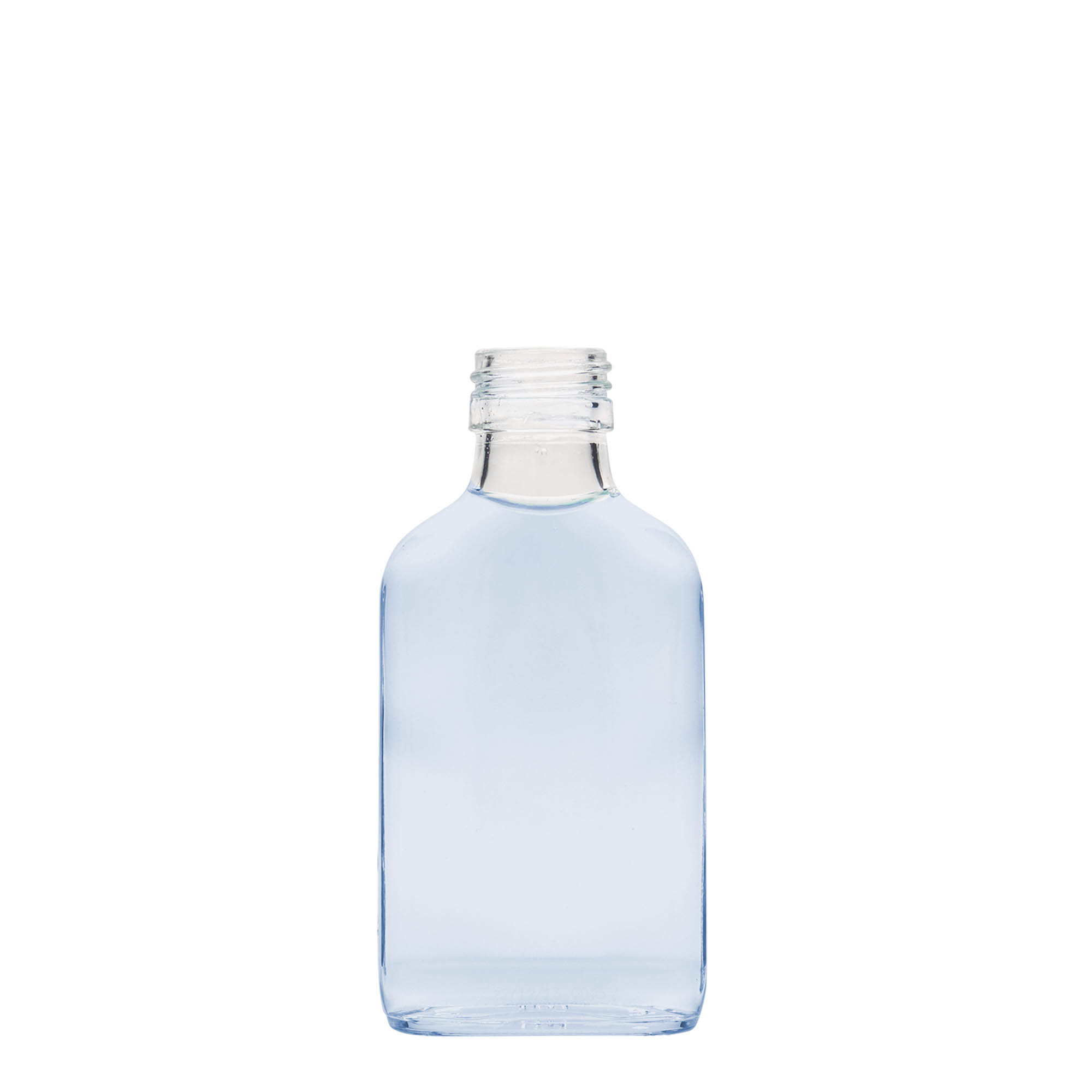 100 ml lommeflaske, rektangulær, glass, åpning: PP 28